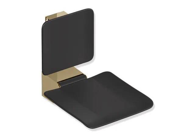 Klappsitz des Systems 900, Wandkonsole aus Edelstahl, PVD, Sitzfläche und Rückenlehne aus strukturiertem Kunststoff, schwarz, Sitzfläche 450 mm breit, 450 mm tief, in Farbe CK (Messing glänzend) Klappsitz des Systems 900, Wandkonsole aus Edelstahl, PVD, Sitzfläche und Rückenlehne aus strukturiertem Kunststoff, schwarz, Sitzfläche 450 mm breit, 450 mm tief, in Farbe CK (Messing glänzend)