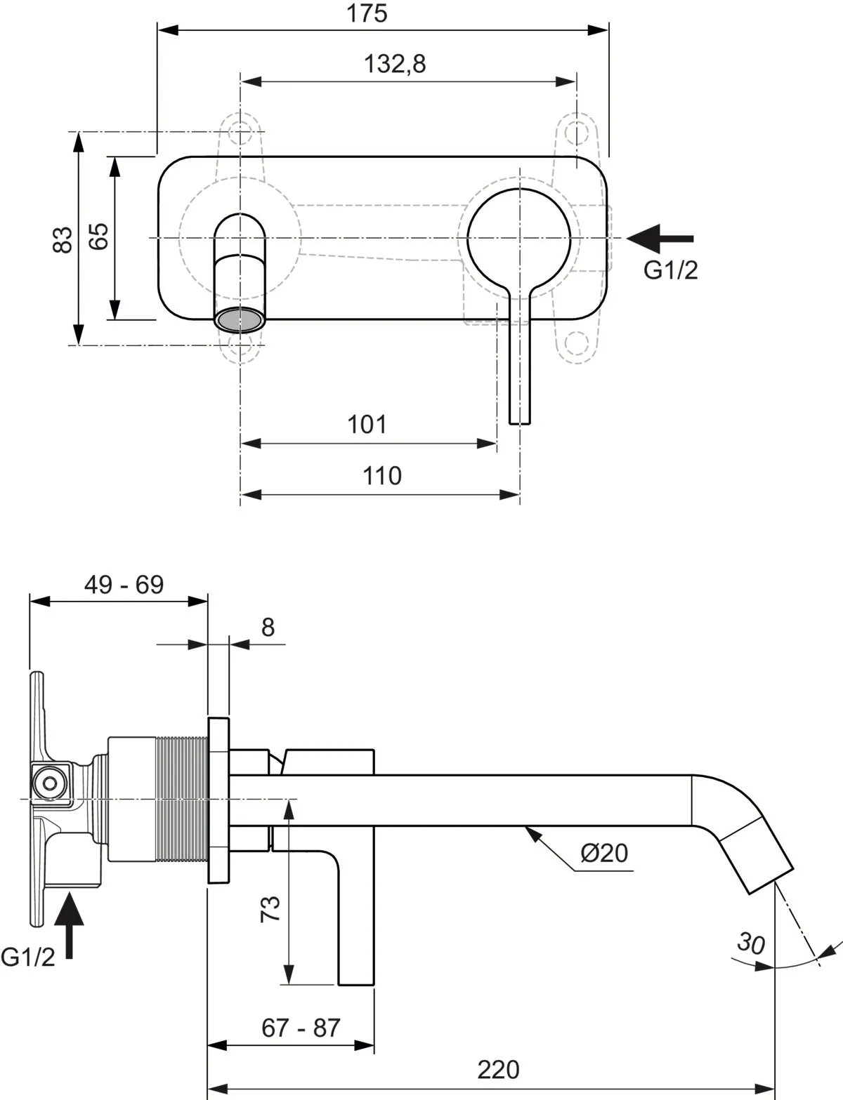 Wand-Waschtischarmatur Joy, Bausatz 2, eckige Rosette, Ausladung 220mm, Brushed Gold Wand-Waschtischarmatur Joy, Bausatz 2, eckige Rosette, Ausladung 220mm, Brushed Gold