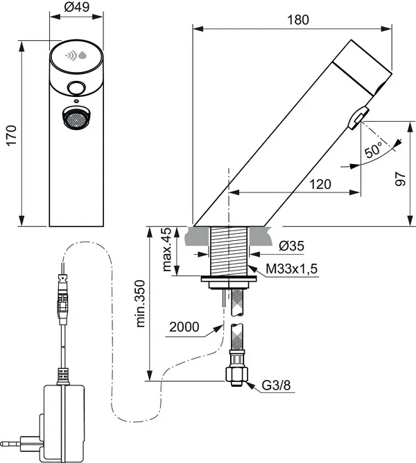 Sensor-Waschtischarmatur Sensorflow ohne Mischung Ausladung 120mm Netzteil Chrom Sensor-Waschtischarmatur Sensorflow ohne Mischung Ausladung 120mm Netzteil Chrom