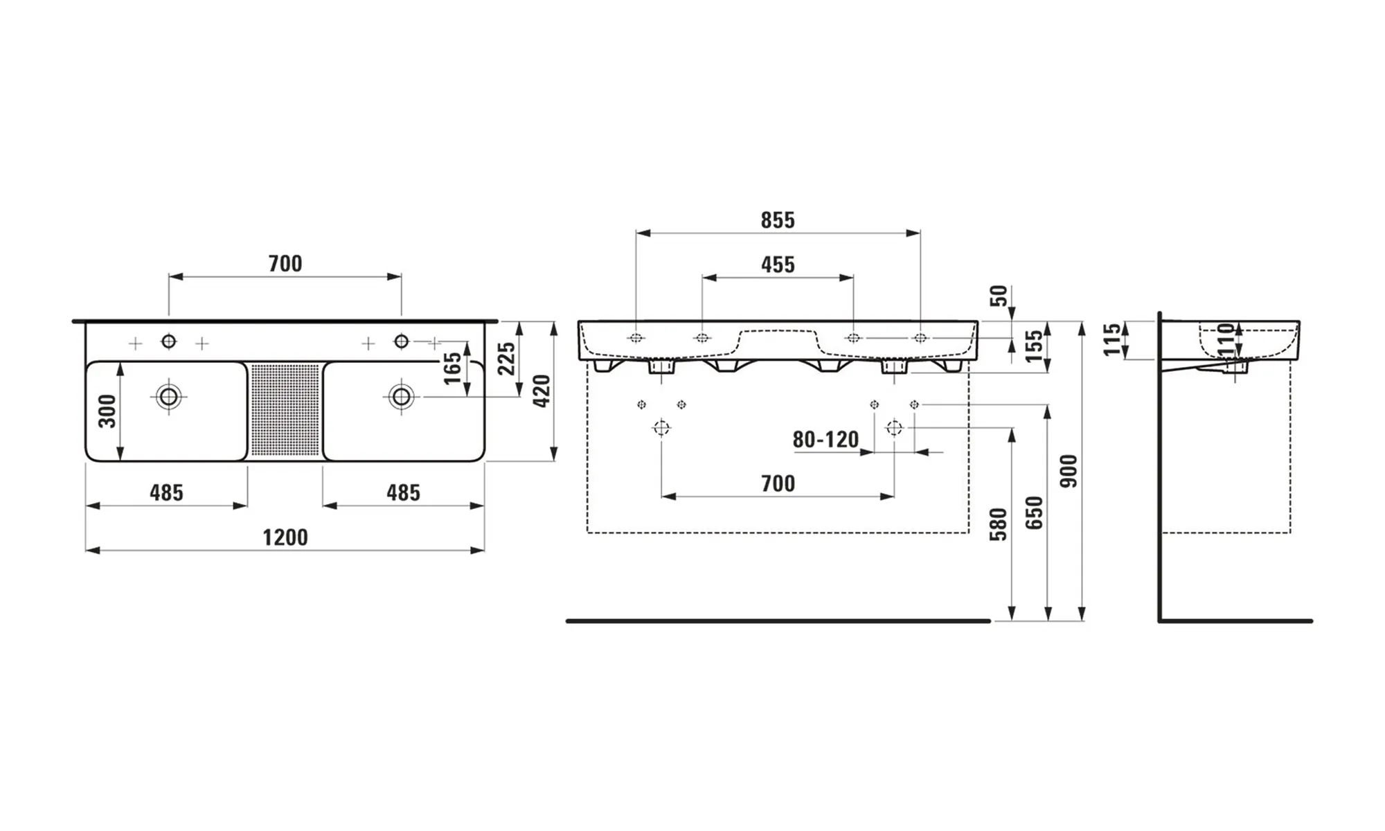 Laufen Doppelwaschtisch VAL 420x12000x155x155, 1 Hahnloch, mit Überlauf, weiß matt Laufen Doppelwaschtisch VAL 420x12000x155x155, 1 Hahnloch, mit Überlauf, weiß matt
