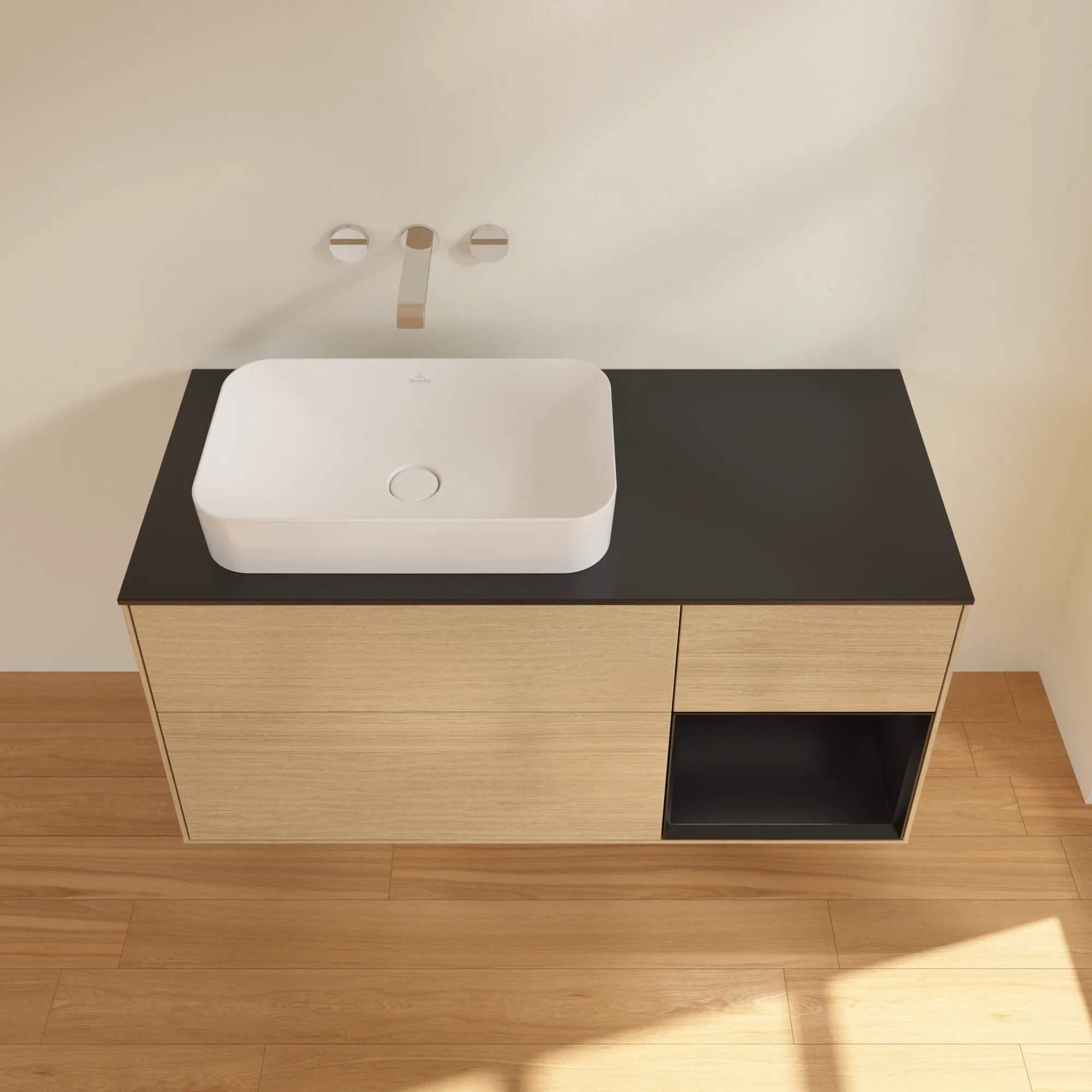 Villeroy & Boch Waschtischunterschrank „Finion“ für Schrankwaschtisch 1200 × 603 × 501 mm Oak Veneer, ohne Hahnlochbohrung, für Becken links Villeroy & Boch Waschtischunterschrank „Finion“ für Schrankwaschtisch 1200 × 603 × 501 mm Oak Veneer, ohne Hahnlochbohrung, für Becken links
