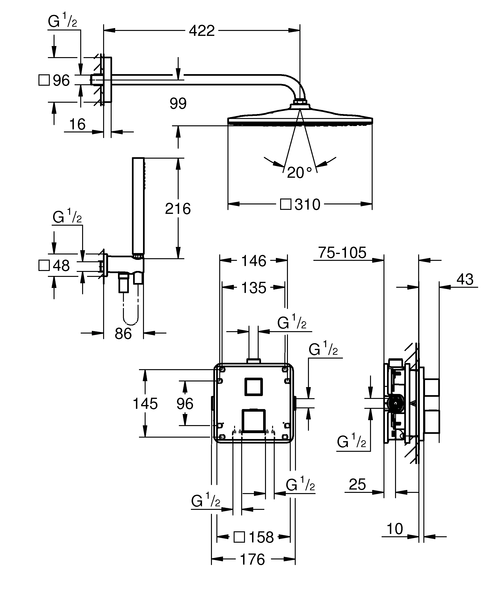 Unterputz Duschsystem Grohtherm Cube 34868, UP-THM-Brausebatterie für 2 Abgänge, integriertes Absperr-/Umstellventil, Rapido SmartBox, Kopfbrause Rainshower Mono 310 Cube, Euphoria Cube Stick Handbrause, Wandabgangsbogen, Brauseschlauch, chrom