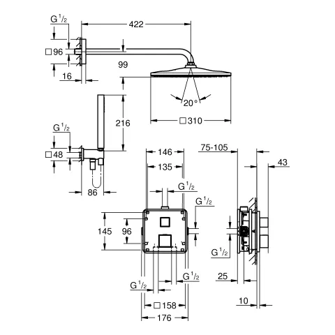 Unterputz Duschsystem Grohtherm Cube 34868, UP-THM-Brausebatterie für 2 Abgänge, integriertes Absperr-/Umstellventil, Rapido SmartBox, Kopfbrause Rainshower Mono 310 Cube, Euphoria Cube Stick Handbrause, Wandabgangsbogen, Brauseschlauch, chrom Unterputz Duschsystem Grohtherm Cube 34868, UP-THM-Brausebatterie für 2 Abgänge, integriertes Absperr-/Umstellventil, Rapido SmartBox, Kopfbrause Rainshower Mono 310 Cube, Euphoria Cube Stick Handbrause, Wandabgangsbogen, Brauseschlauch, chrom