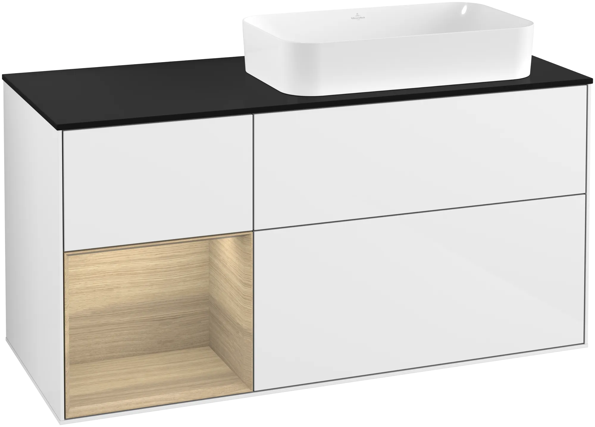 Villeroy & Boch Finion Waschbeckenunterschrank F27 1200x603x501mm Glossy White Lacquer / Oak Veneer / Glass Black Matt