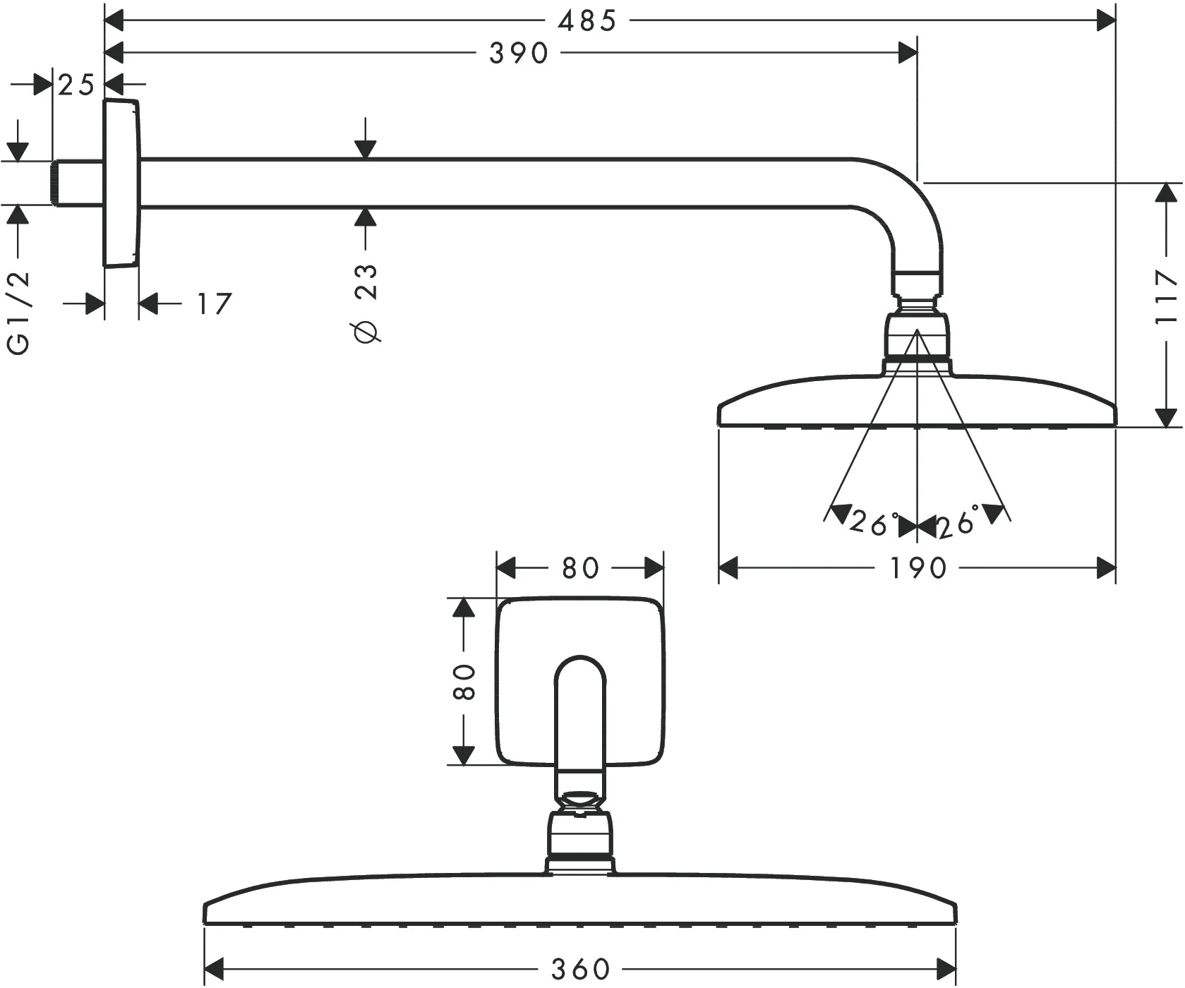 Kopfbrause Raindance E 360 Air 1jet 360mmx190mm mit Brausearm 390mm chrom Kopfbrause Raindance E 360 Air 1jet 360mmx190mm mit Brausearm 390mm chrom