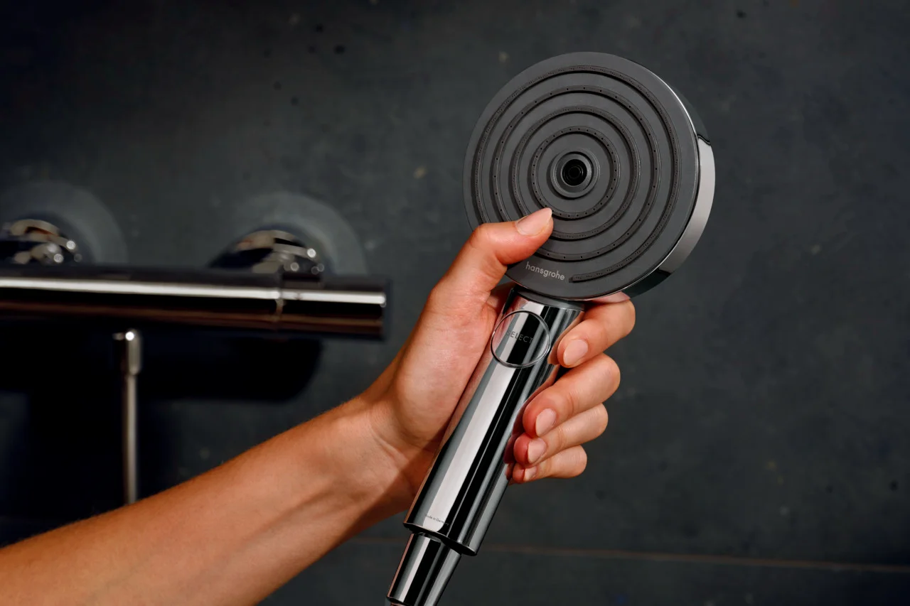 Hansgrohe Pulsify Select S Brausesystem mit Ecostat Fine Thermostat, 105 mm Brausekopf, 90 cm Brausestange, Chrom, PowderRain, IntenseRain, Massagestrahl