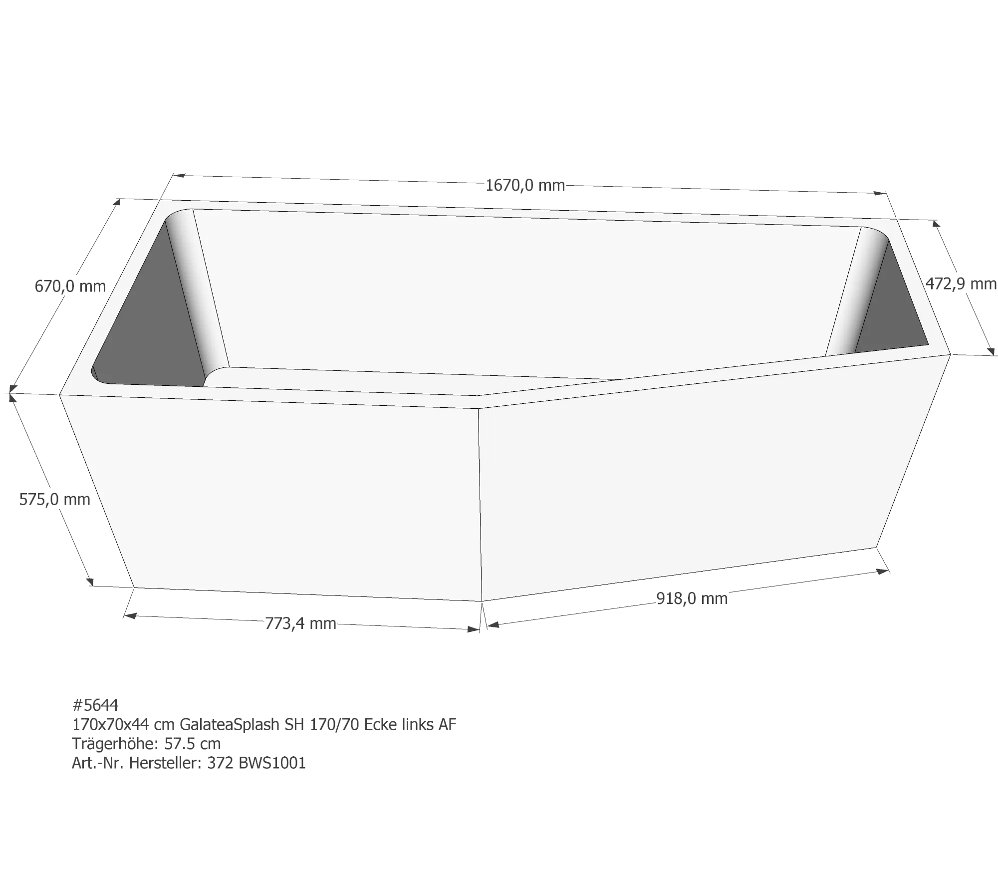 Badewannenträger für Galatea Splash SH 170/70 Ecke links links 170 × 70 × 44 cm