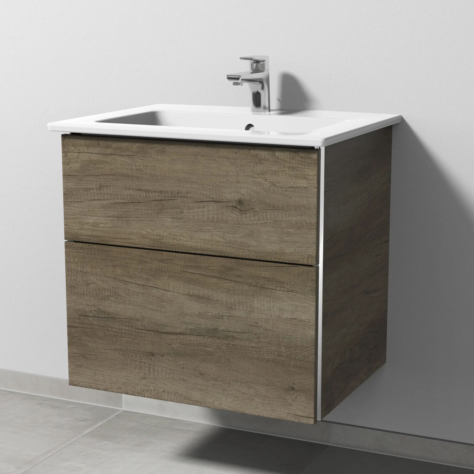 Sanipa Keramik-Waschtisch-Waschtischunterschrank mit Waschtischunterschrank „3way“ 605 × 591 × 477 mm in Eiche Nebraska, mit Hahnlochbohrung, Becken