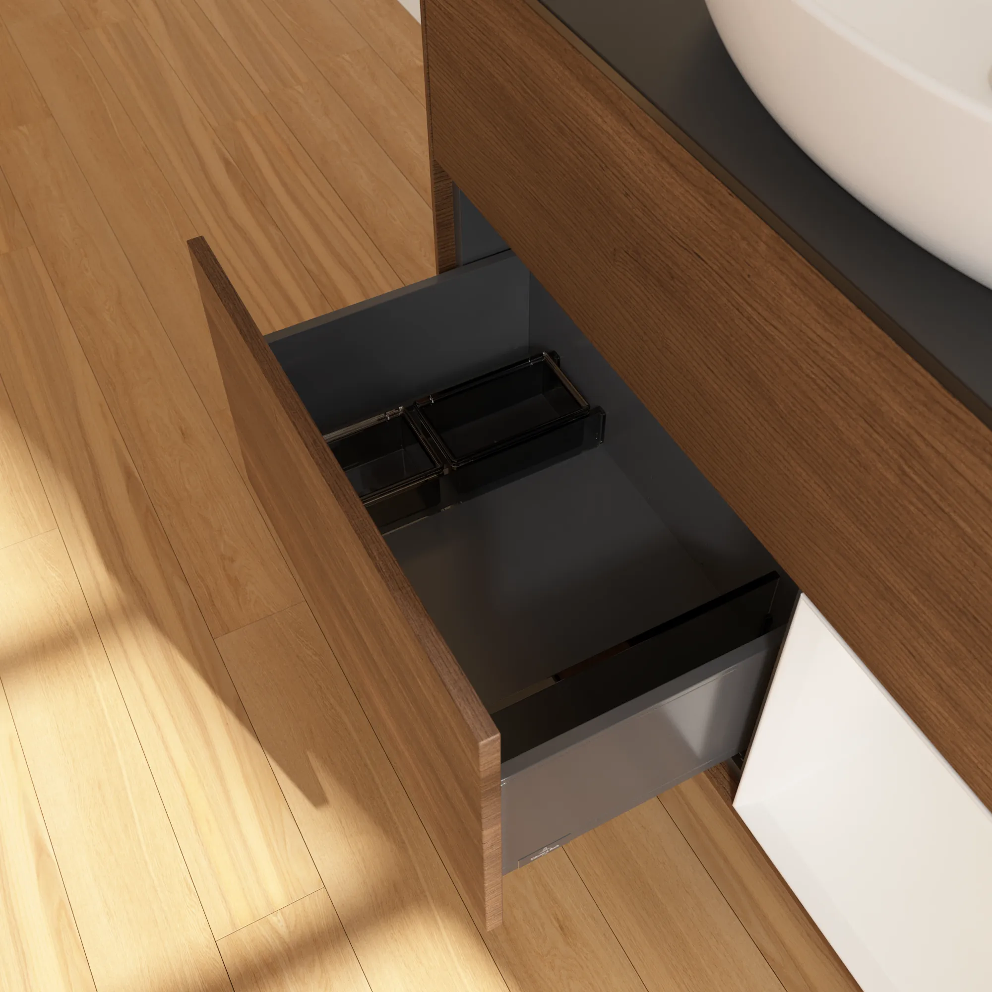 Villeroy & Boch Waschtischunterschrank „Finion“ für Schrankwaschtisch 1000 × 603 × 501 mm Walnut Veneer, für Becken mittig, mit Hahnlochbohrung Villeroy & Boch Waschtischunterschrank „Finion“ für Schrankwaschtisch 1000 × 603 × 501 mm Walnut Veneer, für Becken mittig, mit Hahnlochbohrung