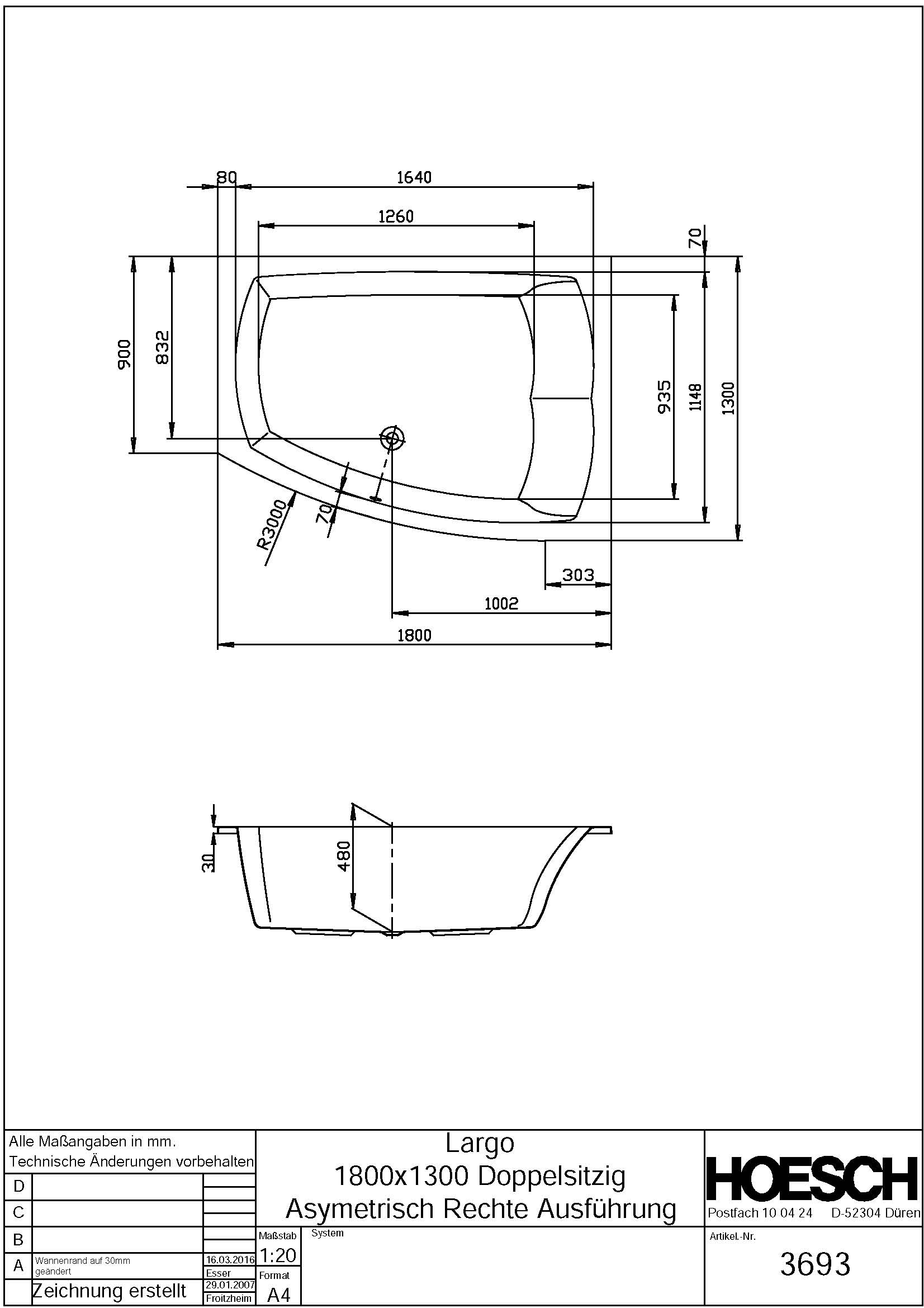 Hoesch Badewanne „Largo“ trapez 180 × 130 cm, rechts in 