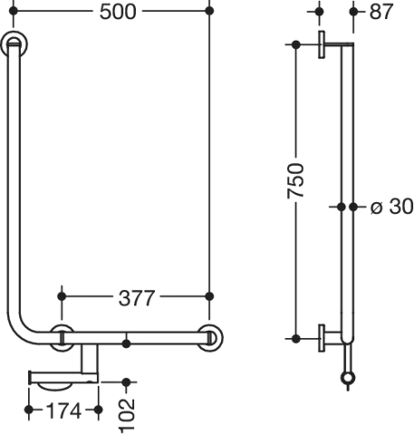 Winkelgriff, d:30, PRH, A1:750, W1:500, re, plvb weiß tiefmatt Winkelgriff, d:30, PRH, A1:750, W1:500, re, plvb weiß tiefmatt