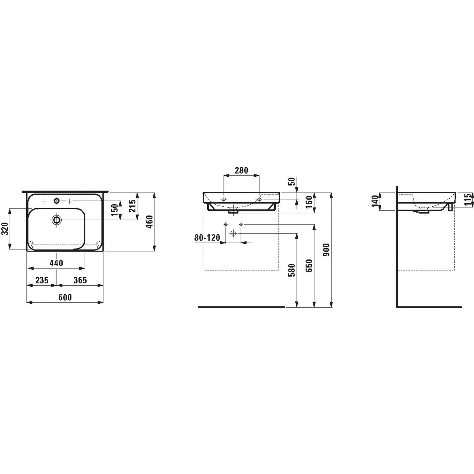 Waschtisch MEDA 460x600x160 Ablage rechts 1 Hahnloch mit Überlauf Weiß