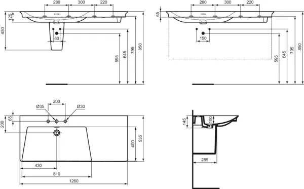Ideal Standard Möbelwaschtisch La Dolce Vita 1260 mm, 3 Hahnlöcher mittig, Überlauf rechts, weiß (Alpin), 145 mm hoch