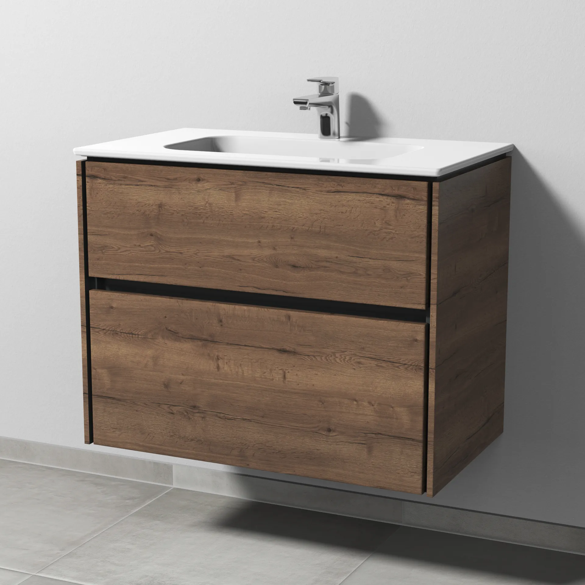 Keramik-Waschtisch-Set mit Waschtischunterschrank „Twiga“ 79 × 46 × 61 cm in Eiche Tabak, mit Hahnlochbohrung, ohne Beleuchtung Keramik-Waschtisch-Set mit Waschtischunterschrank „Twiga“ 79 × 46 × 61 cm in Eiche Tabak, mit Hahnlochbohrung, ohne Beleuchtung