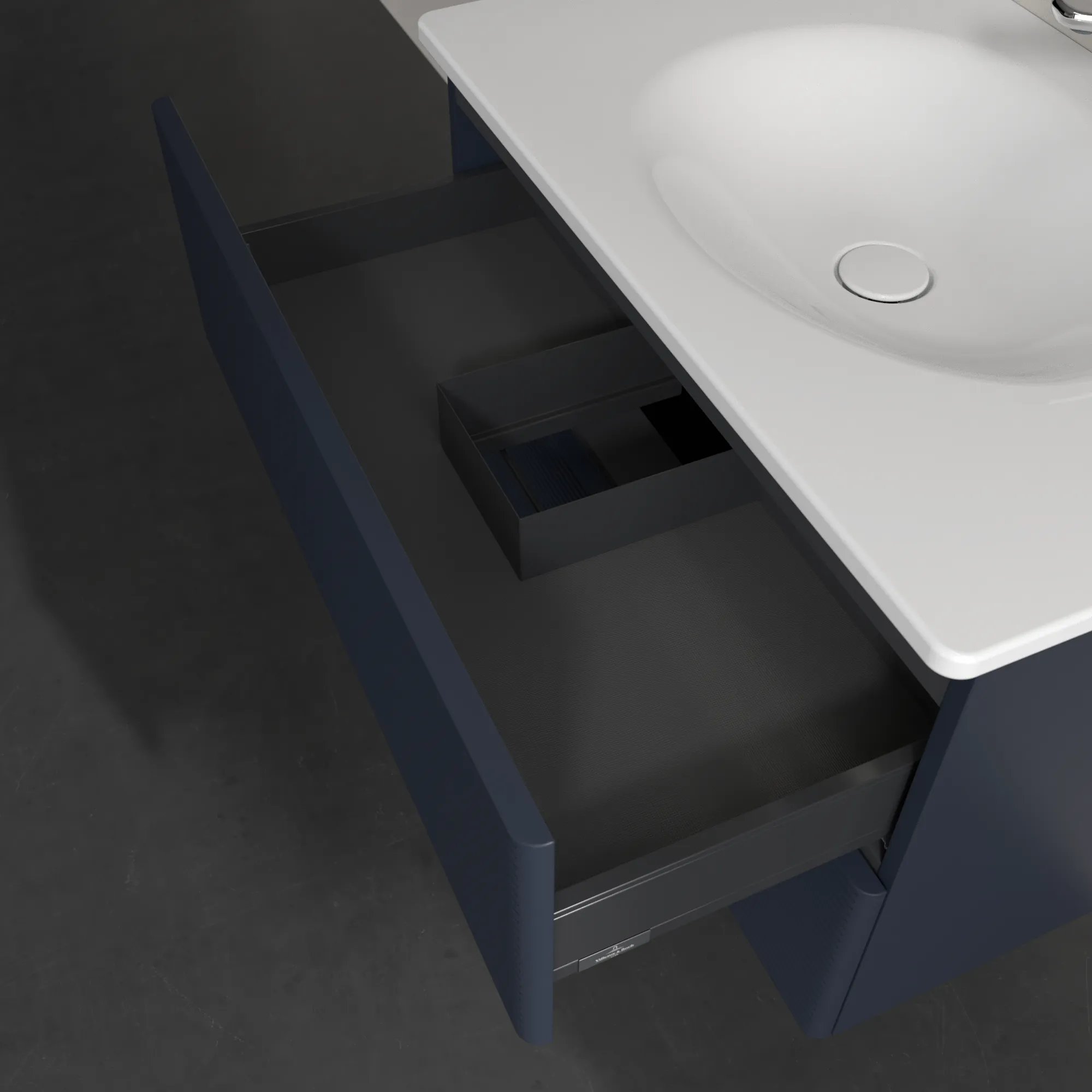 Villeroy & Boch Waschtischunterschrank für Schrankwaschtisch „Antao“ 788 × 504 × 496 mm Midnight Blue Matt Lacquer, für Becken mittig, mit Beleuchtung Villeroy & Boch Waschtischunterschrank für Schrankwaschtisch „Antao“ 788 × 504 × 496 mm Midnight Blue Matt Lacquer, für Becken mittig, mit Beleuchtung