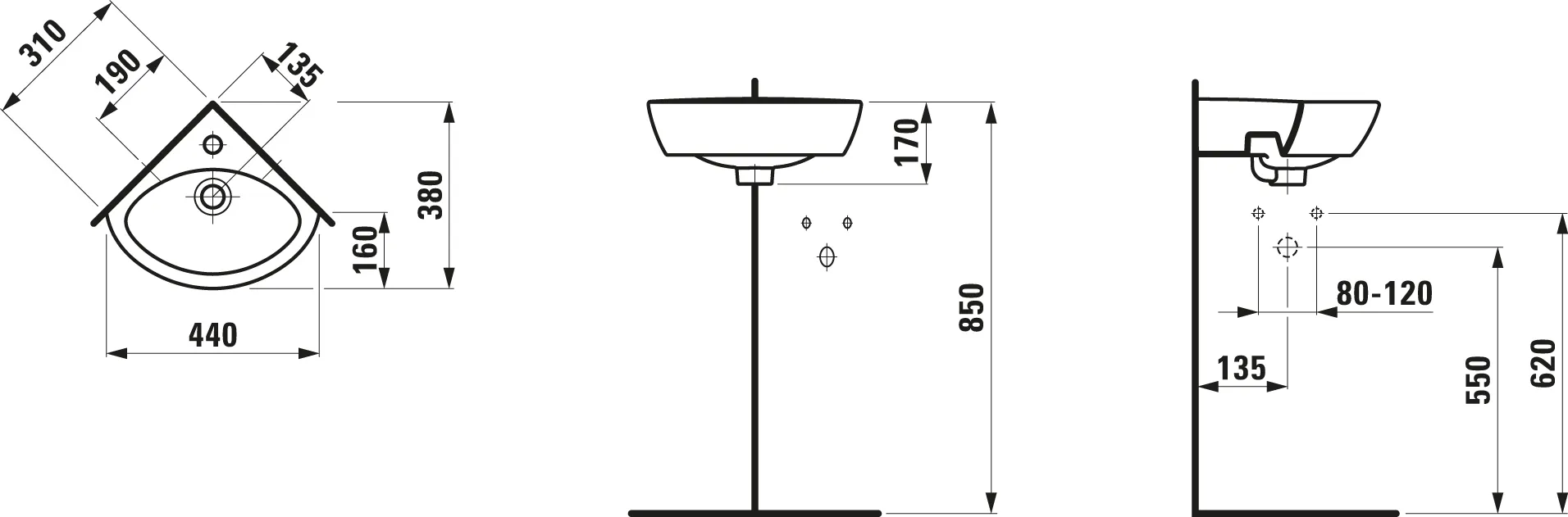 Eck-Handwaschbecken PRO B 380x440x170 1 Hahnloch mit Überlauf weiß