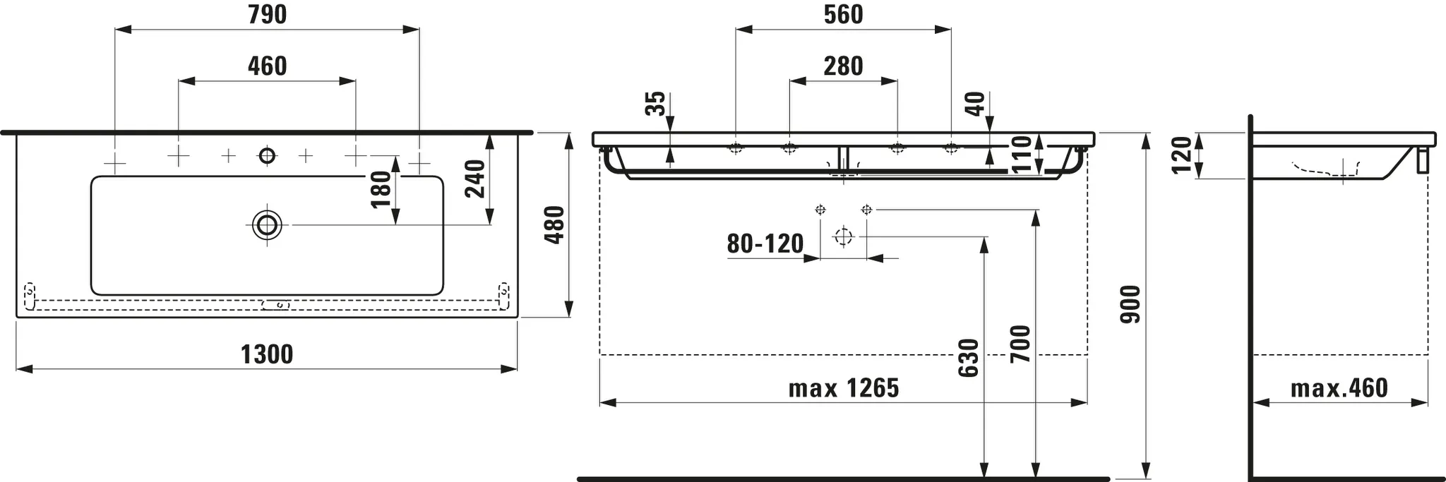 Waschtisch LIVING SQUARE 480x1300x120 1 Hahnloch mit Überlauf weiß