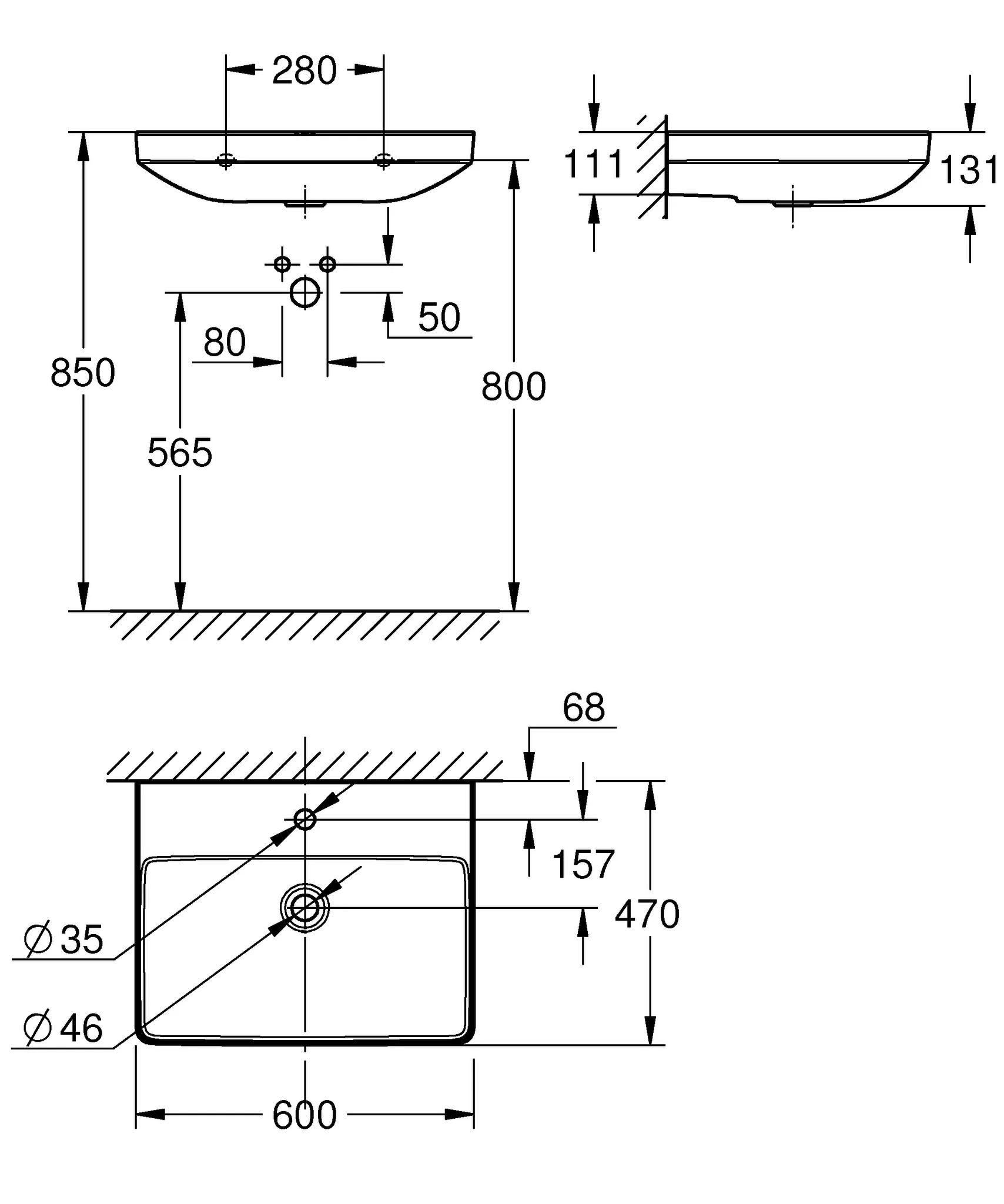 Waschbecken „Euro Keramik“, Hahnlochposition mittig Waschbecken „Euro Keramik“, Hahnlochposition mittig