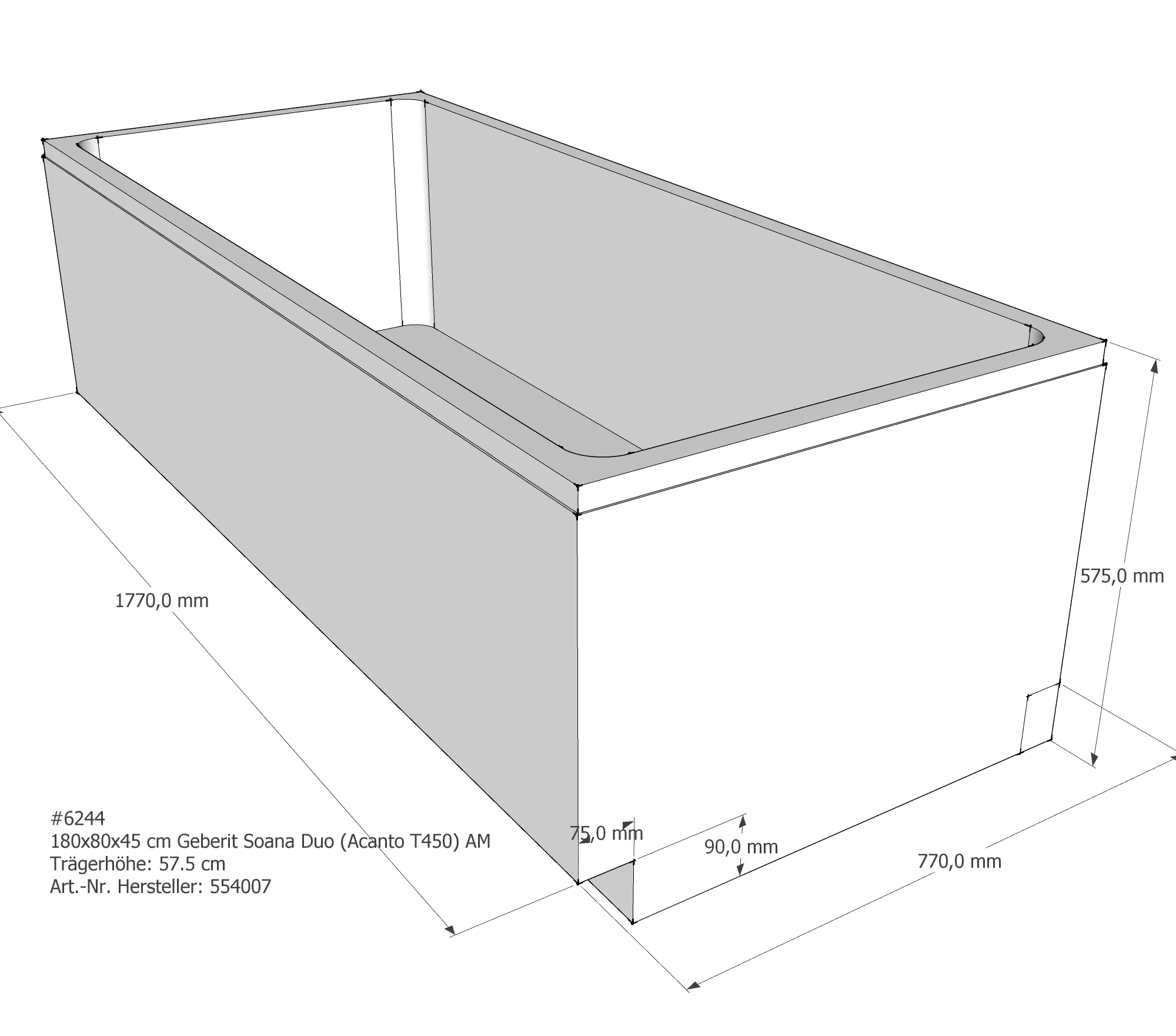 Badewannenträger für Geberit Soana (Acanto T450) 180 × 80 × 45 cm