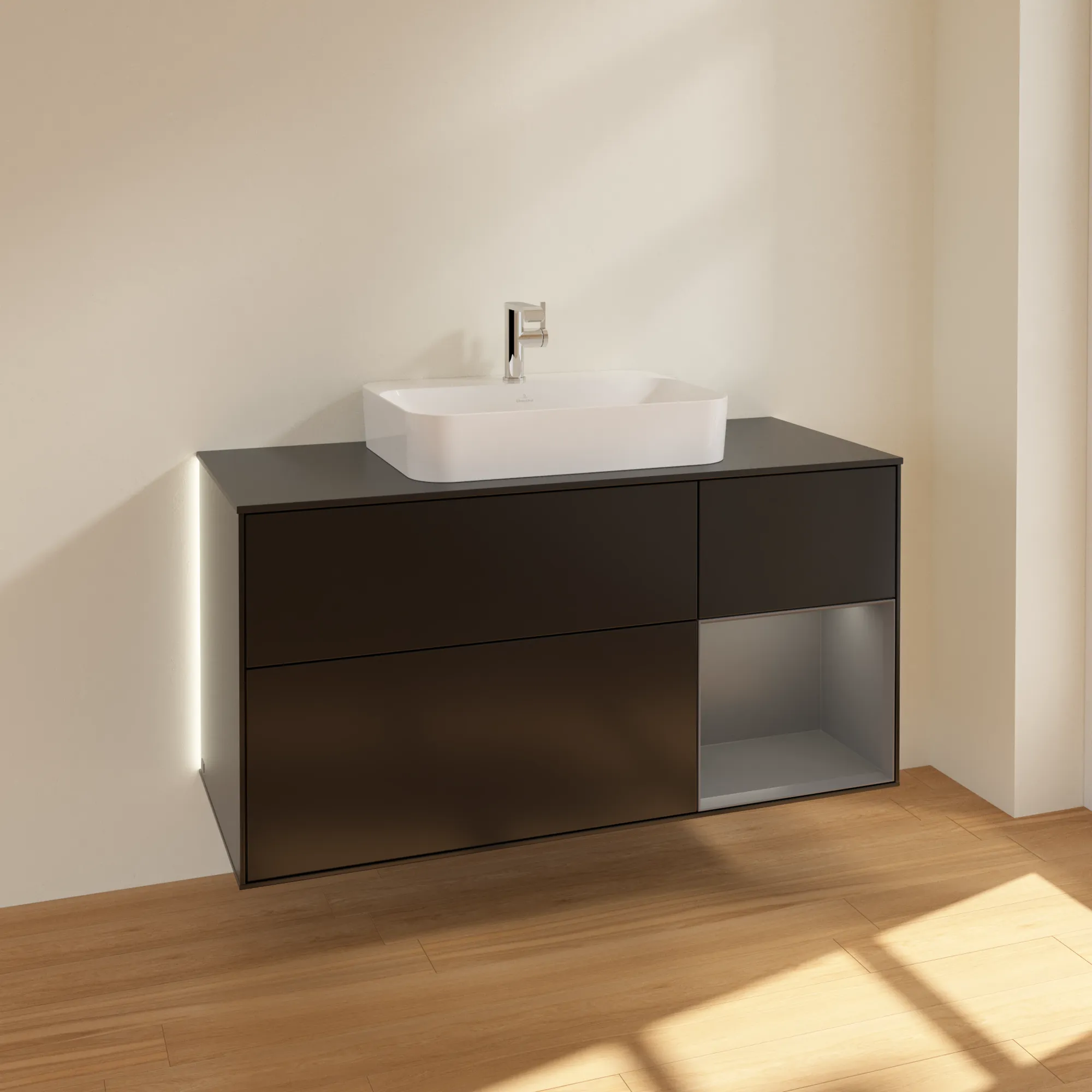 Villeroy & Boch Waschtischunterschrank „Finion“ für Schrankwaschtisch 1200 × 603 × 501 mm Black Matt Lacquer, für Becken mittig Villeroy & Boch Waschtischunterschrank „Finion“ für Schrankwaschtisch 1200 × 603 × 501 mm Black Matt Lacquer, für Becken mittig