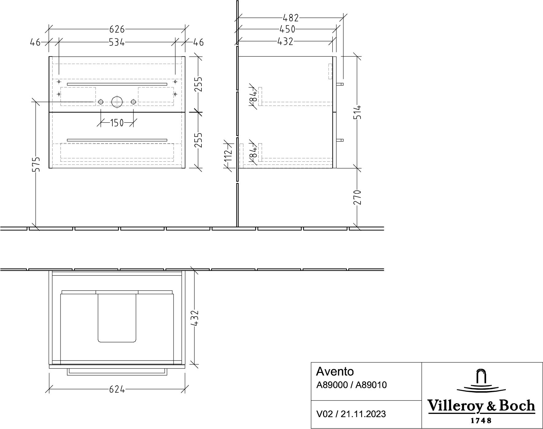 Villeroy & Boch Avento Waschbeckenunterschrank A89000, 626 x 514 x 484 mm, Graphite Villeroy & Boch Avento Waschbeckenunterschrank A89000, 626 x 514 x 484 mm, Graphite