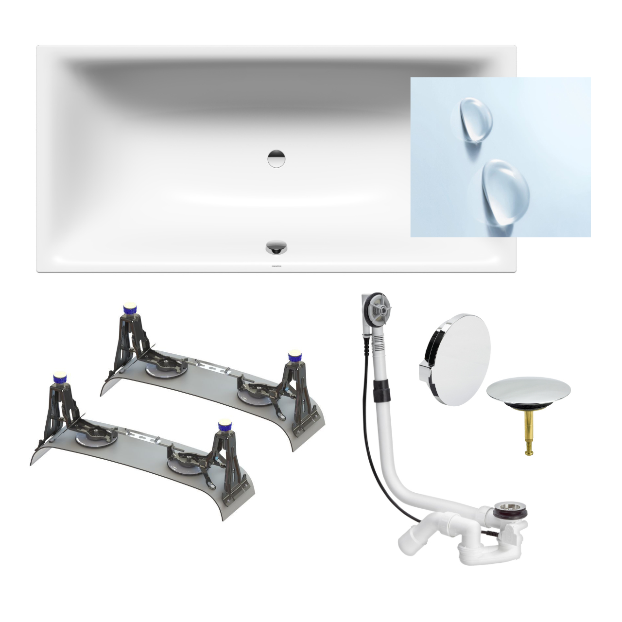 Set Badewanne Silenio 180 × 80 cm Perleffekt mit Fußgestell und Viega-Ablauf, ,, ,