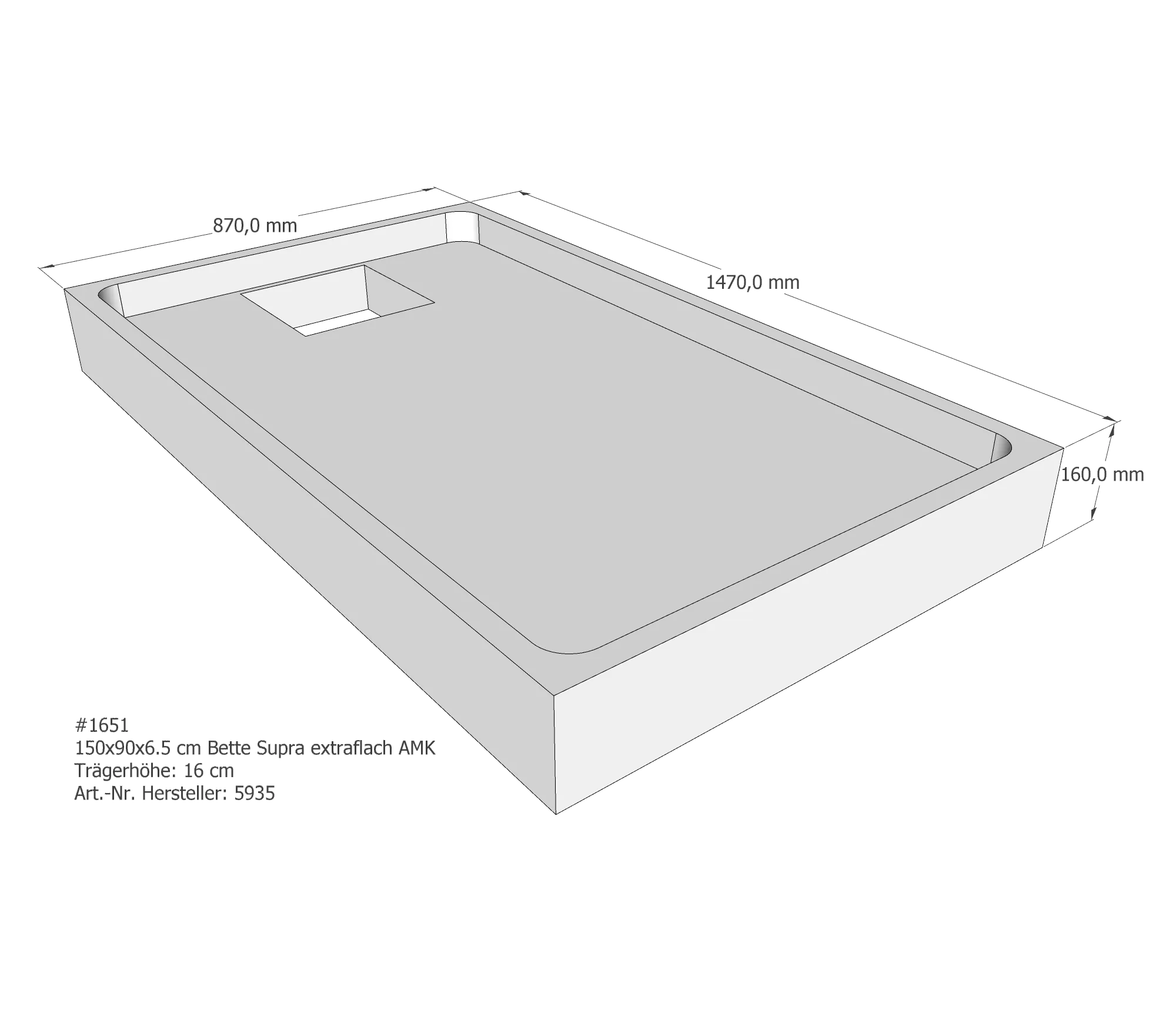 Duschwannenträger für Bette Supra (extraflach) 150 × 90 × 6,5 cm Breite: 90 cm / Länge: 150 cm
