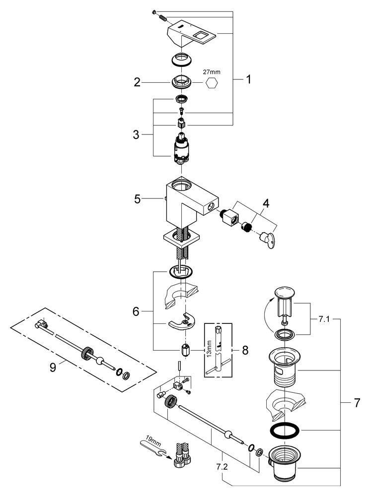 Einhand-Bidetbatterie Eurocube 23138, Einlochmontage, Zugstangen-Ablaufgarnitur 1 1/4'', chrom Einhand-Bidetbatterie Eurocube 23138, Einlochmontage, Zugstangen-Ablaufgarnitur 1 1/4'', chrom