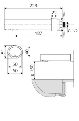 Aufputz-Waschtisch-Armatur MODUS E, HD-K - Hochdruck Kaltwasser / vorgemischtes Wasser, Infrarot-Sensor-Wandauslauf-Armatur, Vorabsperrung, Batteriefach, G 1/2 AG, Ausladung bis Mitte Strahlregler: 187 mm, chrom