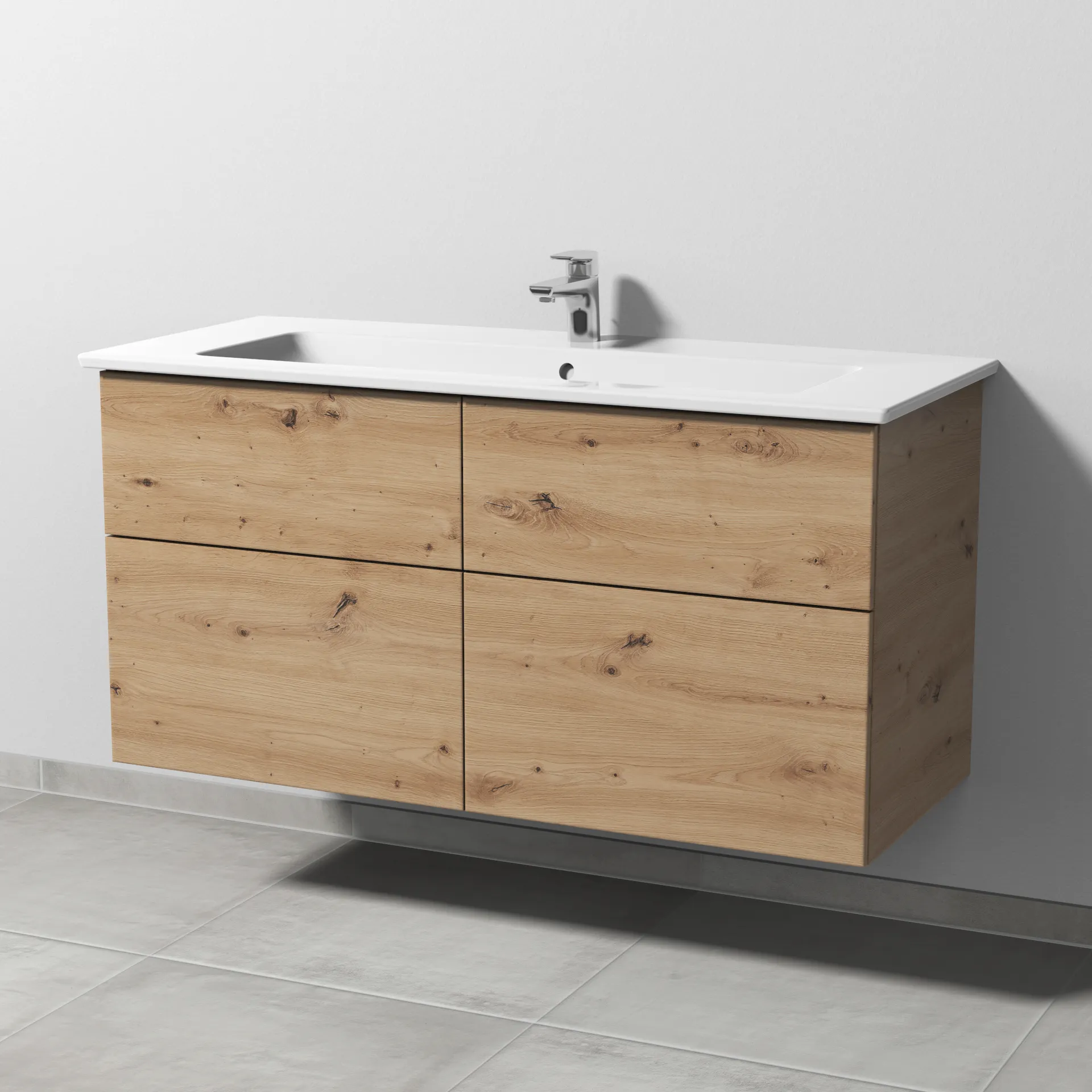 Keramik-Waschtisch-Set mit Waschtischunterschrank „3way“ 115,5 × 47,7 × 59,1 cm in Eiche Natural-Touch, mit Hahnlochbohrung, Becken mittig Keramik-Waschtisch-Set mit Waschtischunterschrank „3way“ 115,5 × 47,7 × 59,1 cm in Eiche Natural-Touch, mit Hahnlochbohrung, Becken mittig