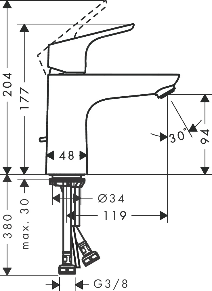 Hansgrohe Waschtischmischer Focus CoolStart, Chrom, Ausladung 119 mm, Auslaufhöhe 94 mm, Hebelgriff, Normalstrahl, max. Durchflussmenge 5 l/min