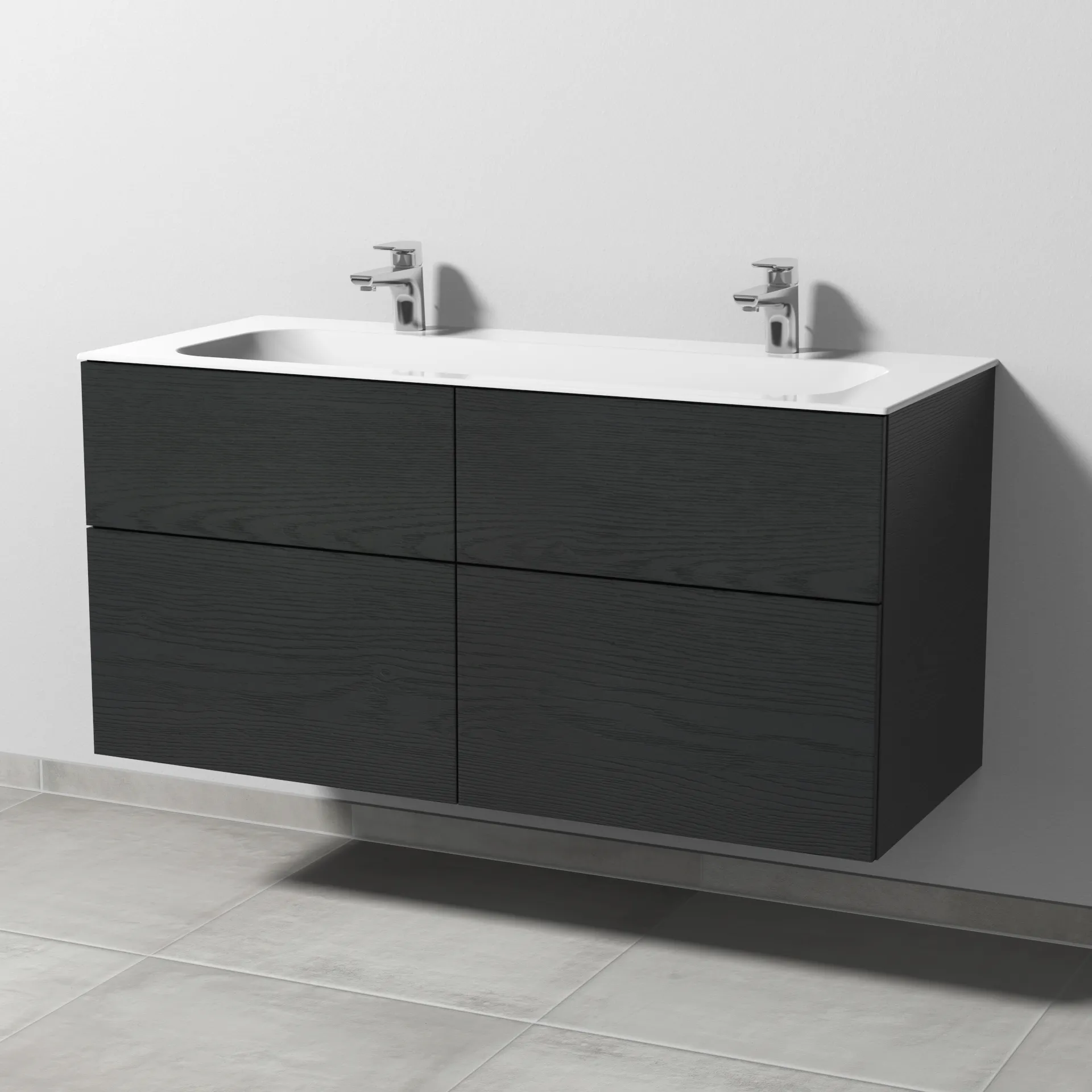 Keramik-Waschtisch-Set mit Waschtischunterschrank „3way“ 119 × 49,7 × 58,2 cm in Black Oak, mit Hahnlochbohrung, Becken mittig Keramik-Waschtisch-Set mit Waschtischunterschrank „3way“ 119 × 49,7 × 58,2 cm in Black Oak, mit Hahnlochbohrung, Becken mittig