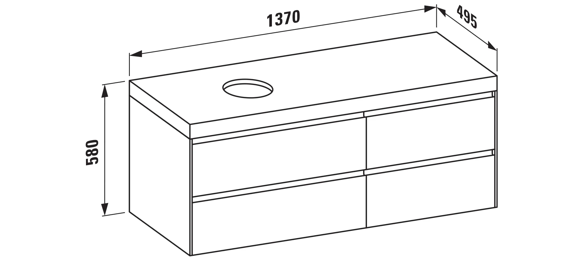 Waschtischunterbau+Waschtischplatte (MODULAR SYSTEM) LANI 495x1370x580 mit Ausschnitt links Abdeckplatte 65 mm (Farbe: .267 wildeiche), mit 4 Schubladen (800 mm links + 600 mm rechts) integrierter Griffleiste Vollauszug und Soft-Close weiß matt