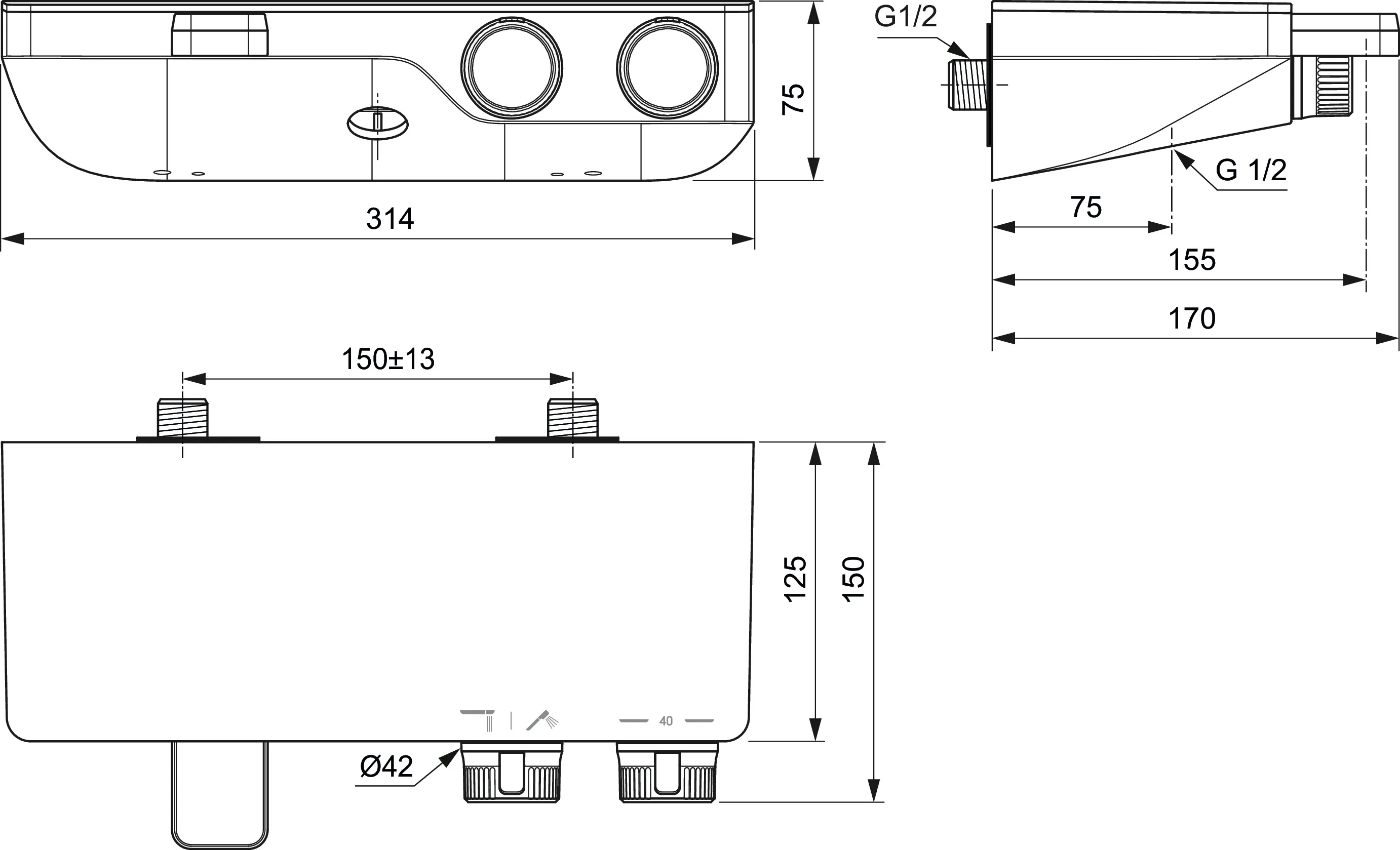 Zweihand-Wannenarmatur „CerathermS200“ Ausladung 155 mm