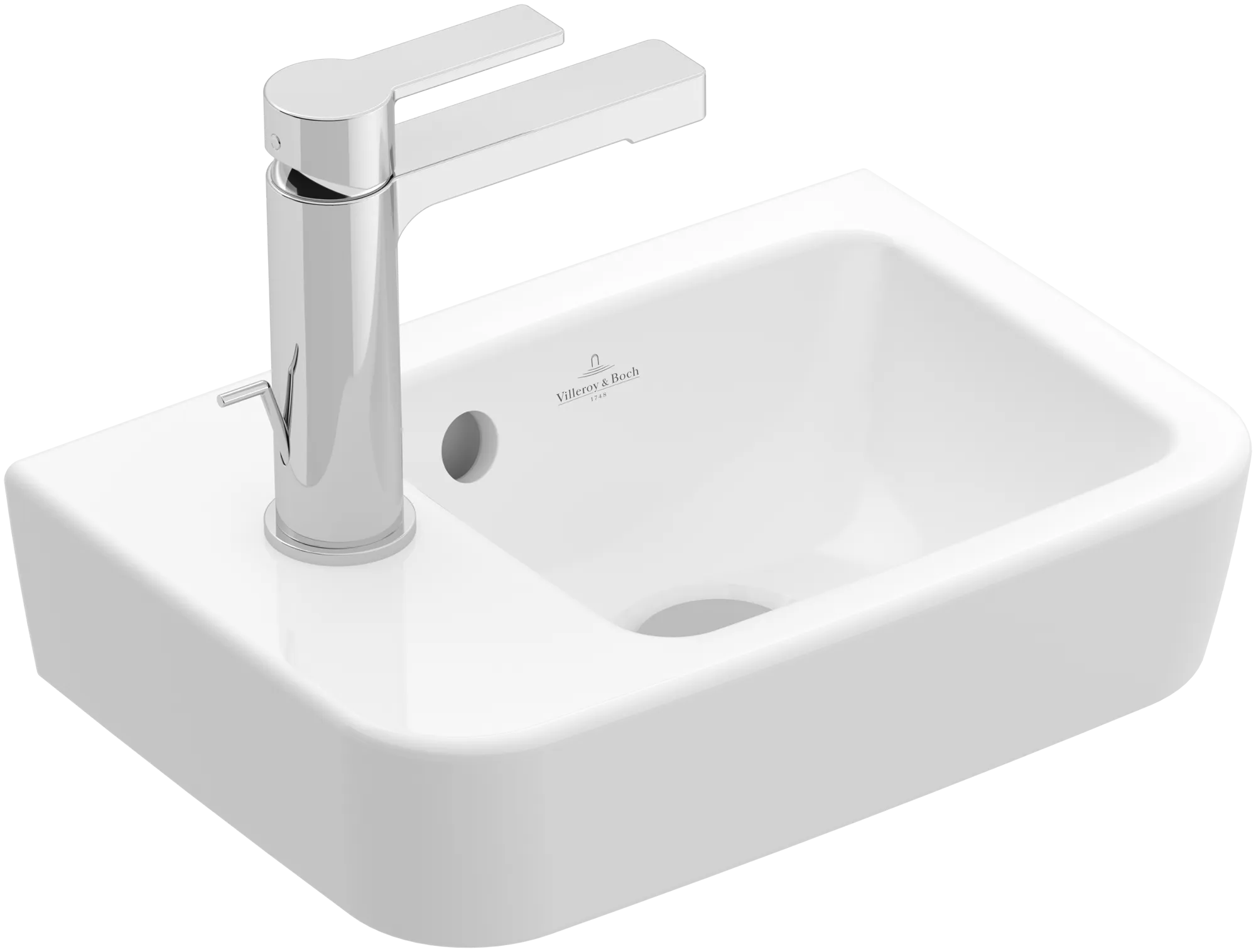 Villeroy & Boch Handwaschbecken „O.novo“ Compact 360 × 250 × 145 mm, Hahnlochposition links, für Becken rechts, mit Hahnlochbohrung in Weiß Alpin Villeroy & Boch Handwaschbecken „O.novo“ Compact 360 × 250 × 145 mm, Hahnlochposition links, für Becken rechts, mit Hahnlochbohrung in Weiß Alpin