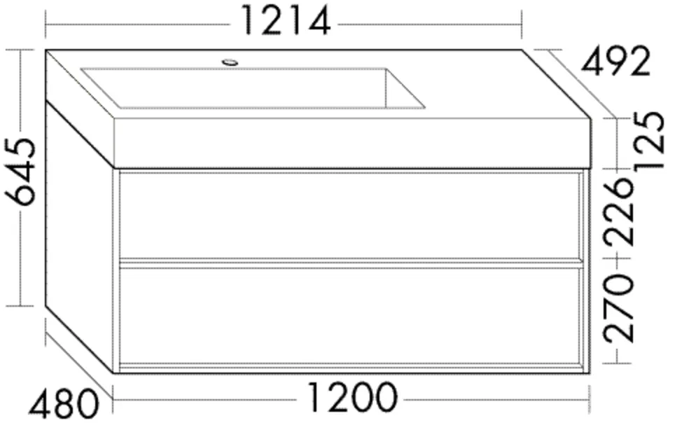 Mineralguss-Waschtisch Uomo inkl. Waschtischunterschrank – burgbad, Serie Uomo, 1214 mm breit, 495 mm hoch, Becken 776x331 mm
