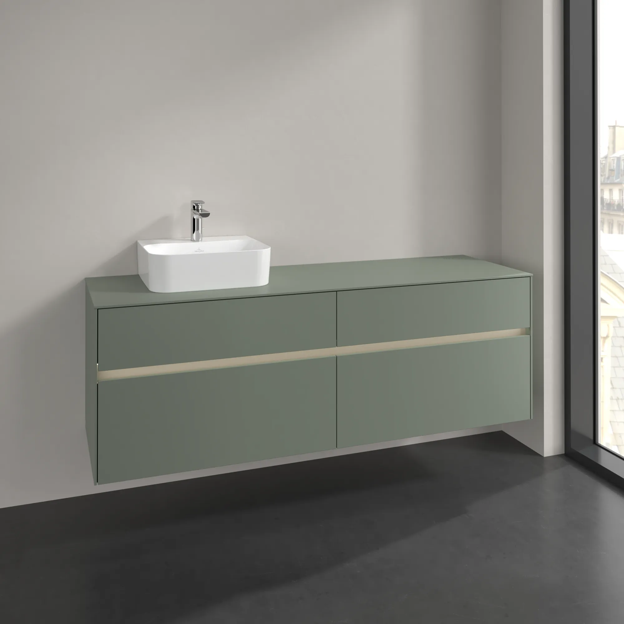 Villeroy & Boch Waschtischunterschrank „Collaro“ 1600 × 548 × 500 mm Soft Green, mit Beleuchtung, für Becken links Villeroy & Boch Waschtischunterschrank „Collaro“ 1600 × 548 × 500 mm Soft Green, mit Beleuchtung, für Becken links