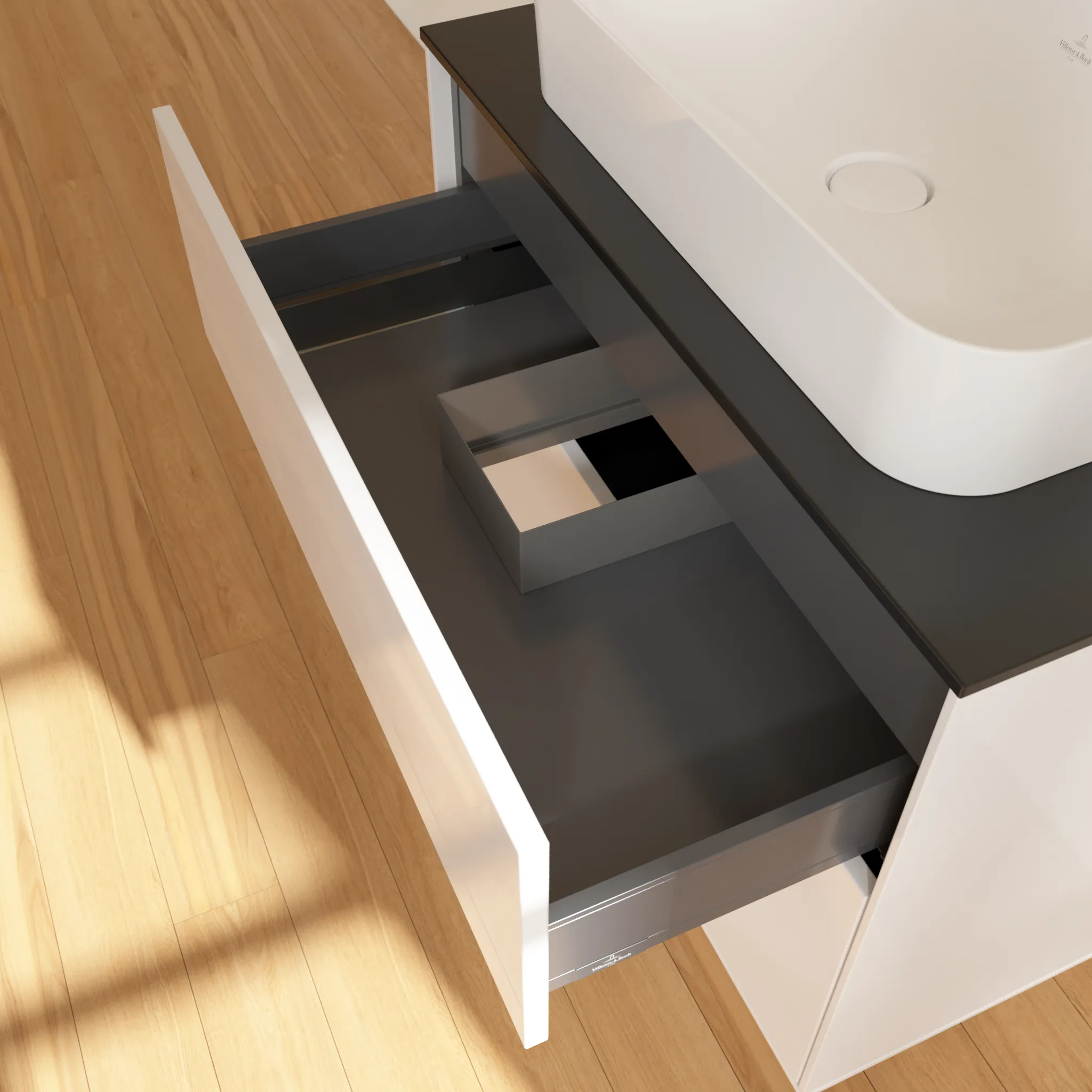 Villeroy & Boch Finion Waschbeckenunterschrank F22 800x603x501mm Glossy White Lacquer / Glass Black Matt Villeroy & Boch Finion Waschbeckenunterschrank F22 800x603x501mm Glossy White Lacquer / Glass Black Matt
