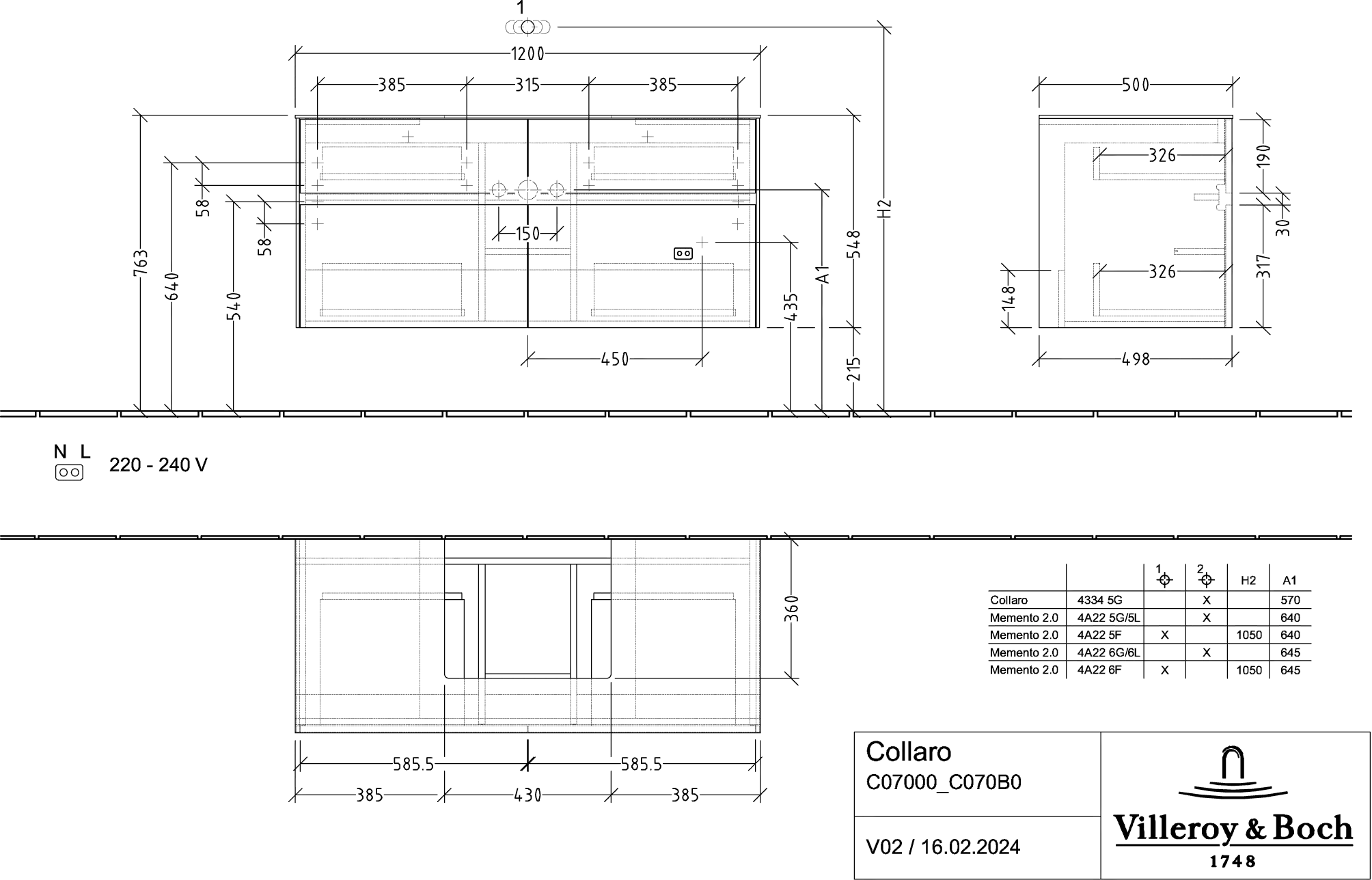 Villeroy & Boch Collaro Waschbeckenunterschrank C070B0, 1200x548x500mm, Graphite