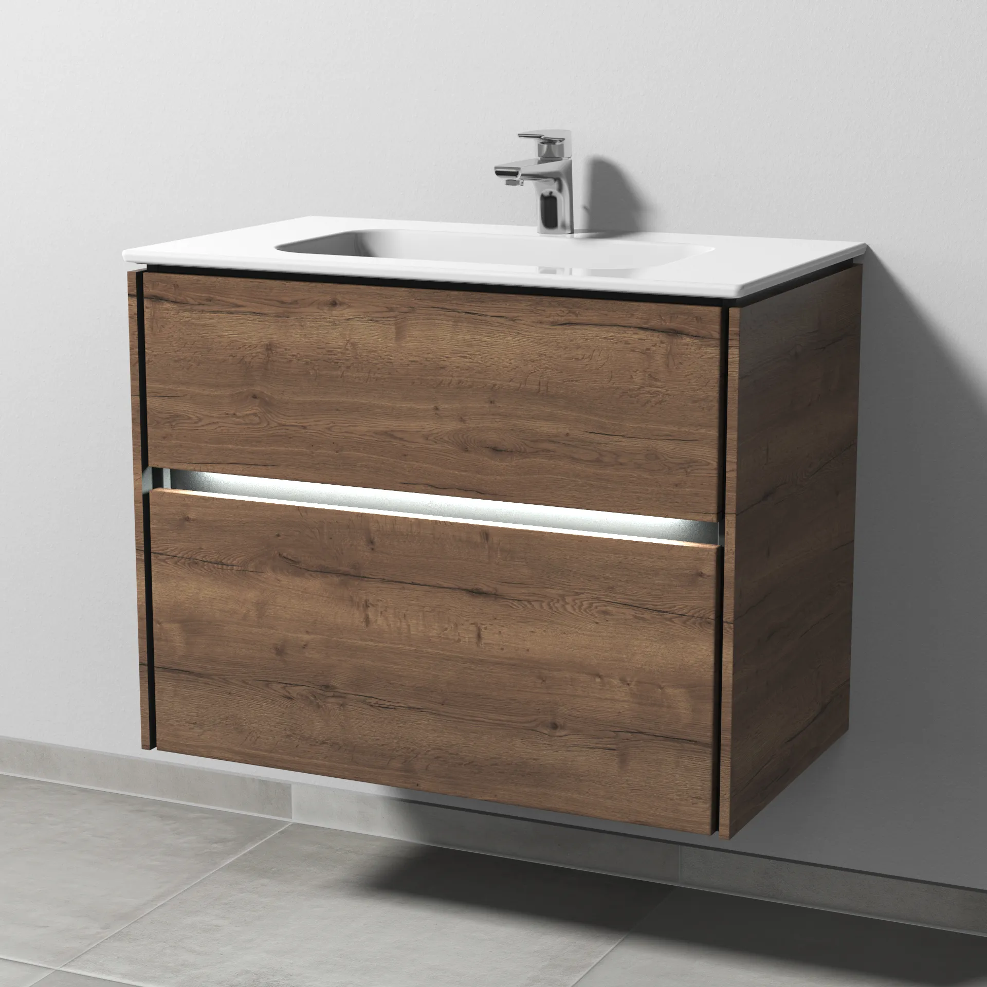 Keramik-Waschtisch-Set mit Waschtischunterschrank „Twiga“ 79 × 46 × 61 cm in Eiche Tabak, mit Hahnlochbohrung, mit Beleuchtung