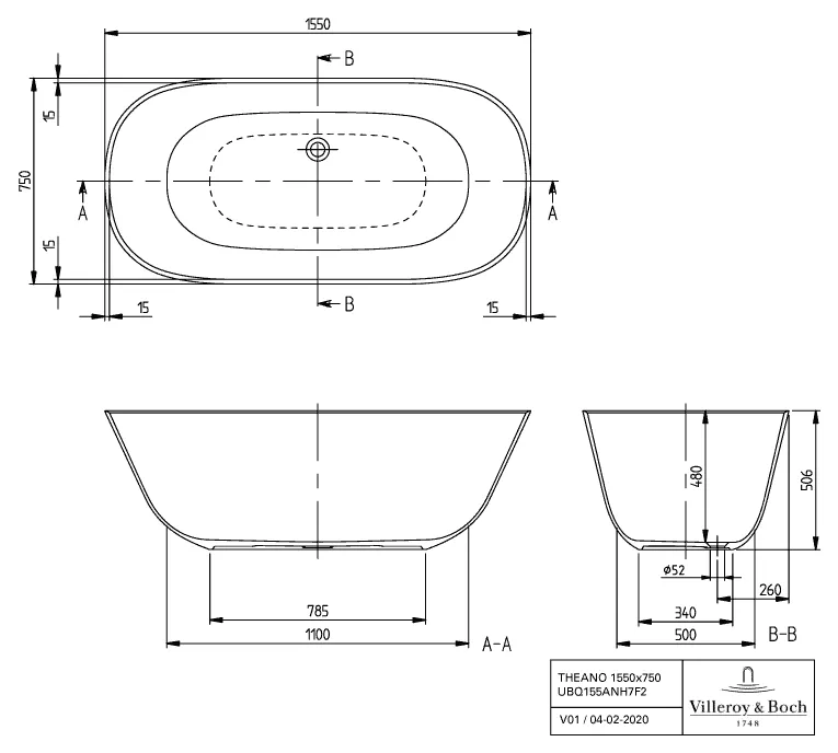 Villeroy & Boch Badewanne „Theano“ freistehend oval 155 × 75 cm, Fußablauf