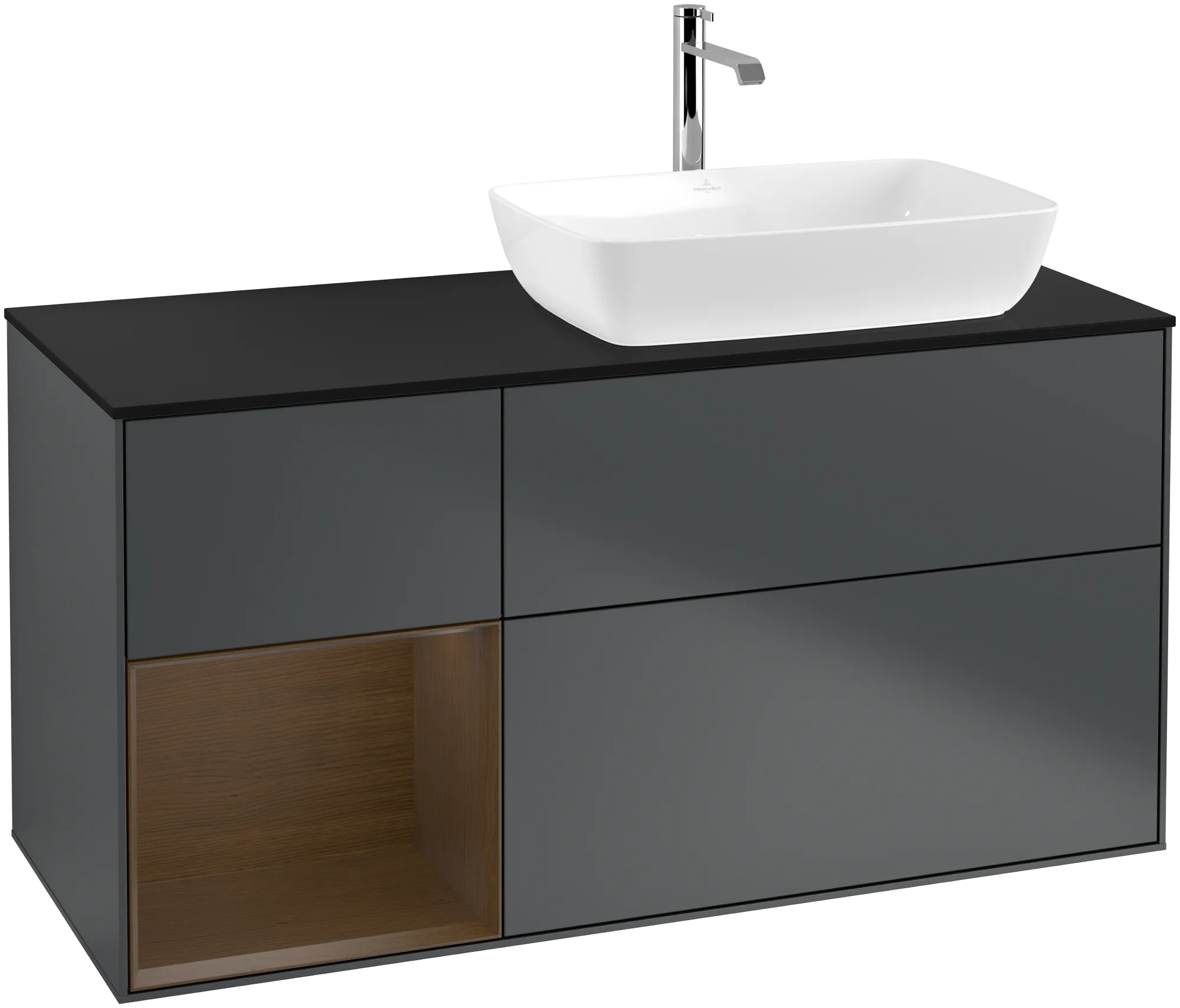 Villeroy & Boch Waschbeckenunterschrank Finion F80, Midnight Blue Matt Lacquer / Walnut Veneer / Glass Black Matt