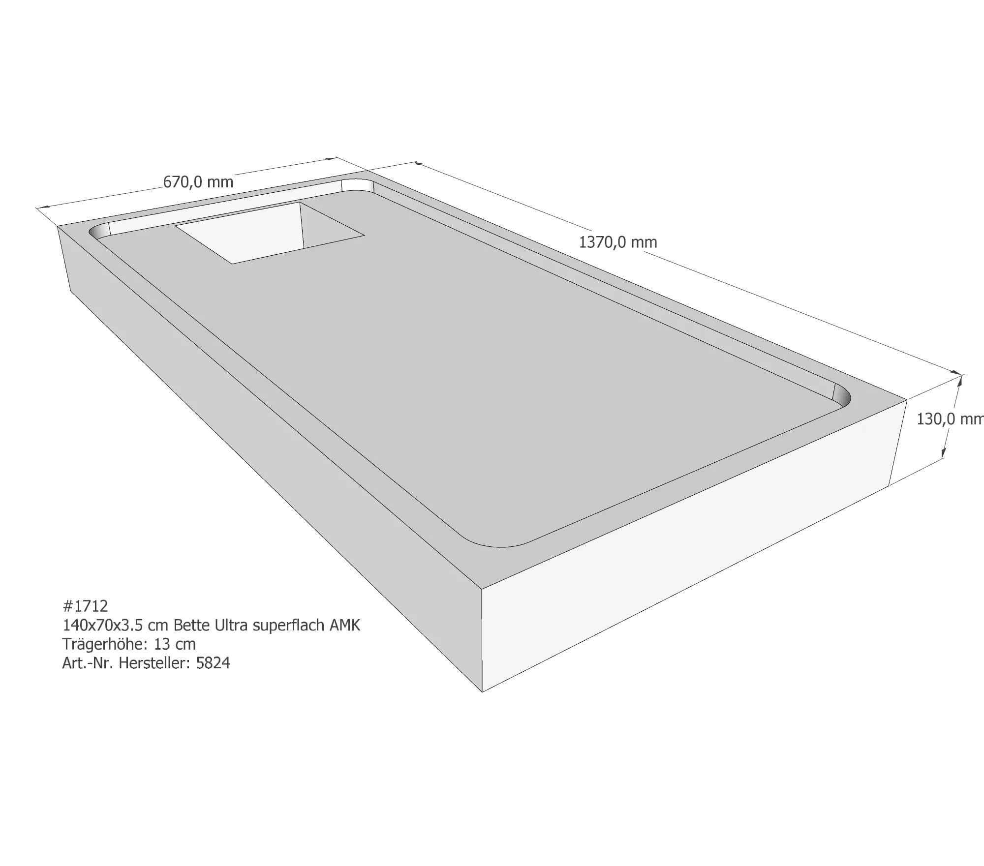 Duschwannenträger für Bette Ultra (superflach) 140 × 70 × 3,5 cm Breite: 70 cm / Länge: 140 cm