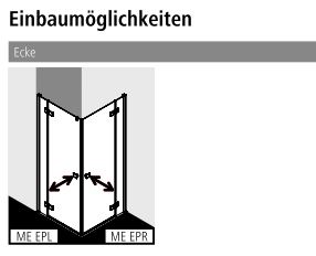 Kermi Duschtür Eckeinstieg 2-teilig (Pendeltüren mit Festfeldern) Halbteil links mit Wandprofil „MENA“ Glas Klar, Profile Silber Hochglanz, BV: 885 - 905 mm GAK: 860 - 880 mm WE: 885 - 905 mm H: 2000 mm