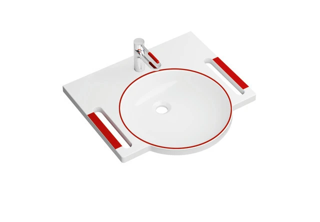 Produktset Waschtisch und Armatur Waschtisch aus Mineralguss, alpinweiß, mit Ablagefläche, rundem Becken und kontrastreicher roter Markierung, B: 600 mm, T: 550 mm, ohne Überlauf, inkl. AQ1.12M10240, in Farbe 33 (Rubinrot)
