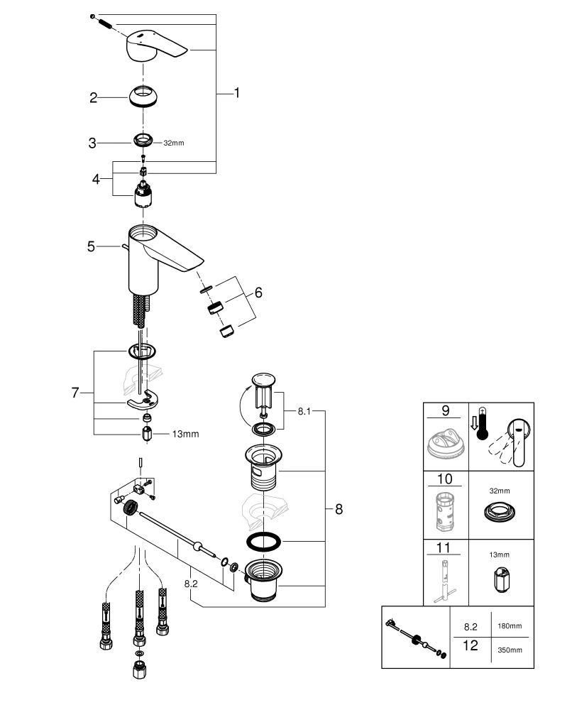 Einhand-Waschtischbatterie Eurosmart 23459_3, S-Size, Niederdruck für offene Warmwasserbereiter, Einlochmontage, Temperaturbegrenzer, Zugstangen-Ablaufgarnitur, chrom