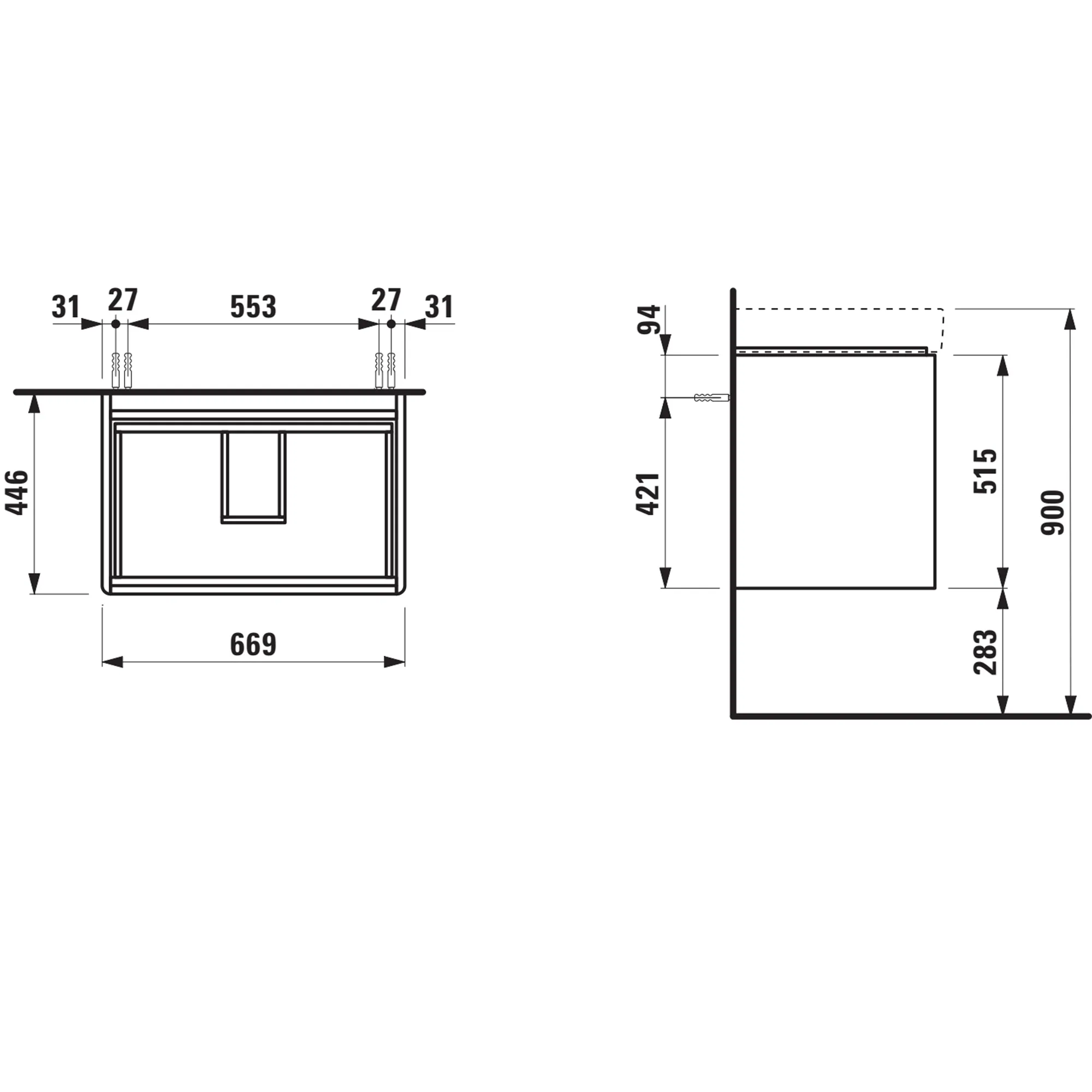 Waschtischunterbau BASE 2.0 für PRO S 446x669x515 2 Schubladen mit Griffmulde für Waschtisch H810967 weiß matt