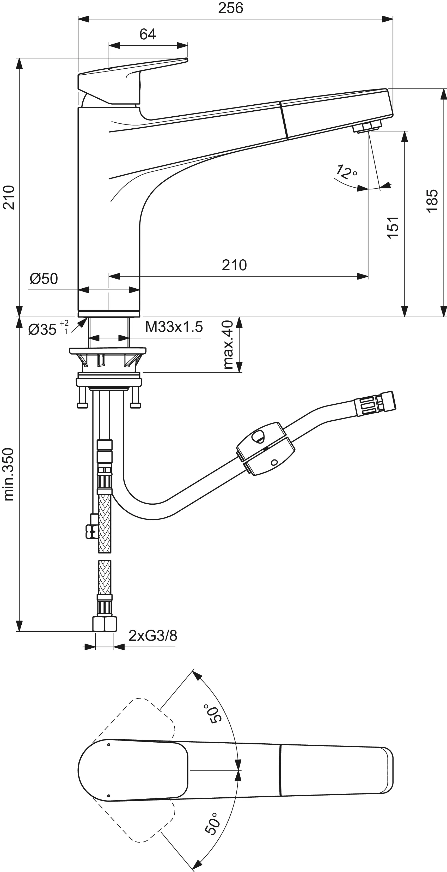 Küchenarmatur Ceraplan mit hohem Auslauf Ausladung 210mm 1-Funktions-Handbrause Chrom