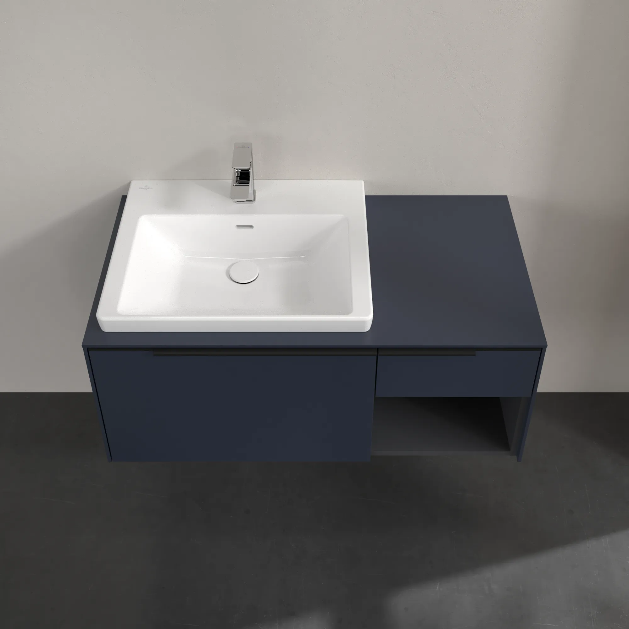 Villeroy & Boch Waschtischunterschrank mit Regalelement „Subway 3.0“ für Schrankwaschtisch 1001 × 423 × 516 mm Marine Blue, für Becken links Villeroy & Boch Waschtischunterschrank mit Regalelement „Subway 3.0“ für Schrankwaschtisch 1001 × 423 × 516 mm Marine Blue, für Becken links