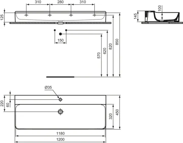 Waschbecken „Conca“ 120 × 45 × 14,5 cm, Hahnlochposition mittig in Weiß Waschbecken „Conca“ 120 × 45 × 14,5 cm, Hahnlochposition mittig in Weiß